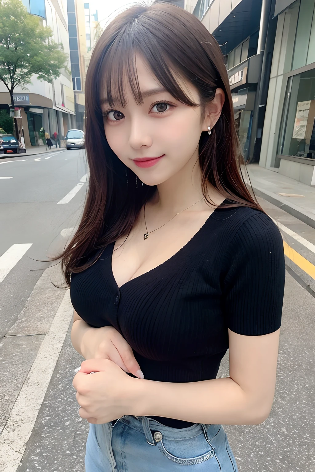 masutepiece, Best Quality, Illustration, Ultra-detailed, finely detail, hight resolution, 8K Wallpaper, Perfect dynamic composition, Beautiful detailed eyes, (doress),Medium Hair, Same as, Natural Color Lip, Random and sexy poses, large full breasts、Smile, piercings, a necklace, Aoyama Street Walk, 20 years girl, depth of fields、full body Esbian