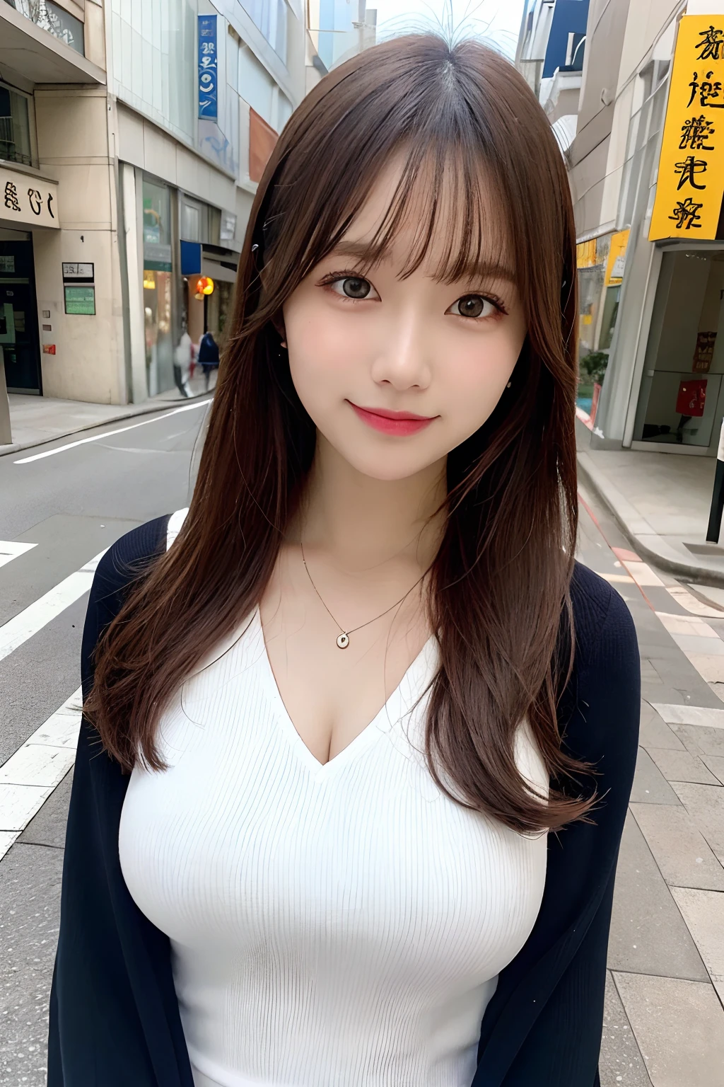 masutepiece, Best Quality, Illustration, Ultra-detailed, finely detail, hight resolution, 8K Wallpaper, Perfect dynamic composition, Beautiful detailed eyes, she is wearing a chrono dress,Medium Hair,Natural Color Lip, Bold sexy poses,Smile,Harajuku、20 years girl、Cute、Sexy shot looking at camera、C Cup、Brown hair、cacique#39;s face、Blurry night pool background