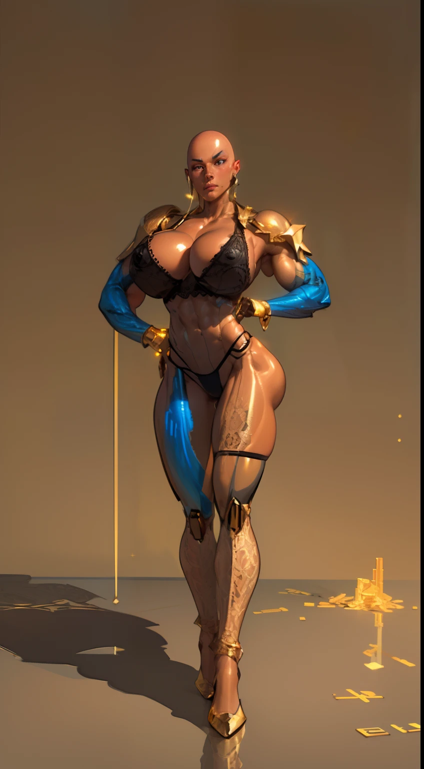 8k ((above view:1.3)), ((full body view))(large eyes:1.3), defined cheekbones, looking back, ((the pit style:1.4))((sleek dark tan bikini:1.6)) ((intricate lace details:1.6))detailed face:1.5), blue skin,(puffy lips:1.5) (blue skin:1.6), (bald woman:1.7), (skinhead) ((sexy pose)),((((Muscular:1.5)))), ((gigantic breasts:1.5)), )highly detailed, Volumetric lighting, baroque oil painting by Greg Rutkowski, Artgerm, WLOP, dynamic angle,((intricate neon lines on bodysuit:1.3)), majestic, digital photography, best shadow, light particles, art by artgerm and ruan jia and greg rutkowski, ((gold shoulder pads:1.6)), (masterpiece), sidelighting, intricate details, (((gold and tan color palette))), gold ass, tan legs, reflective metal material