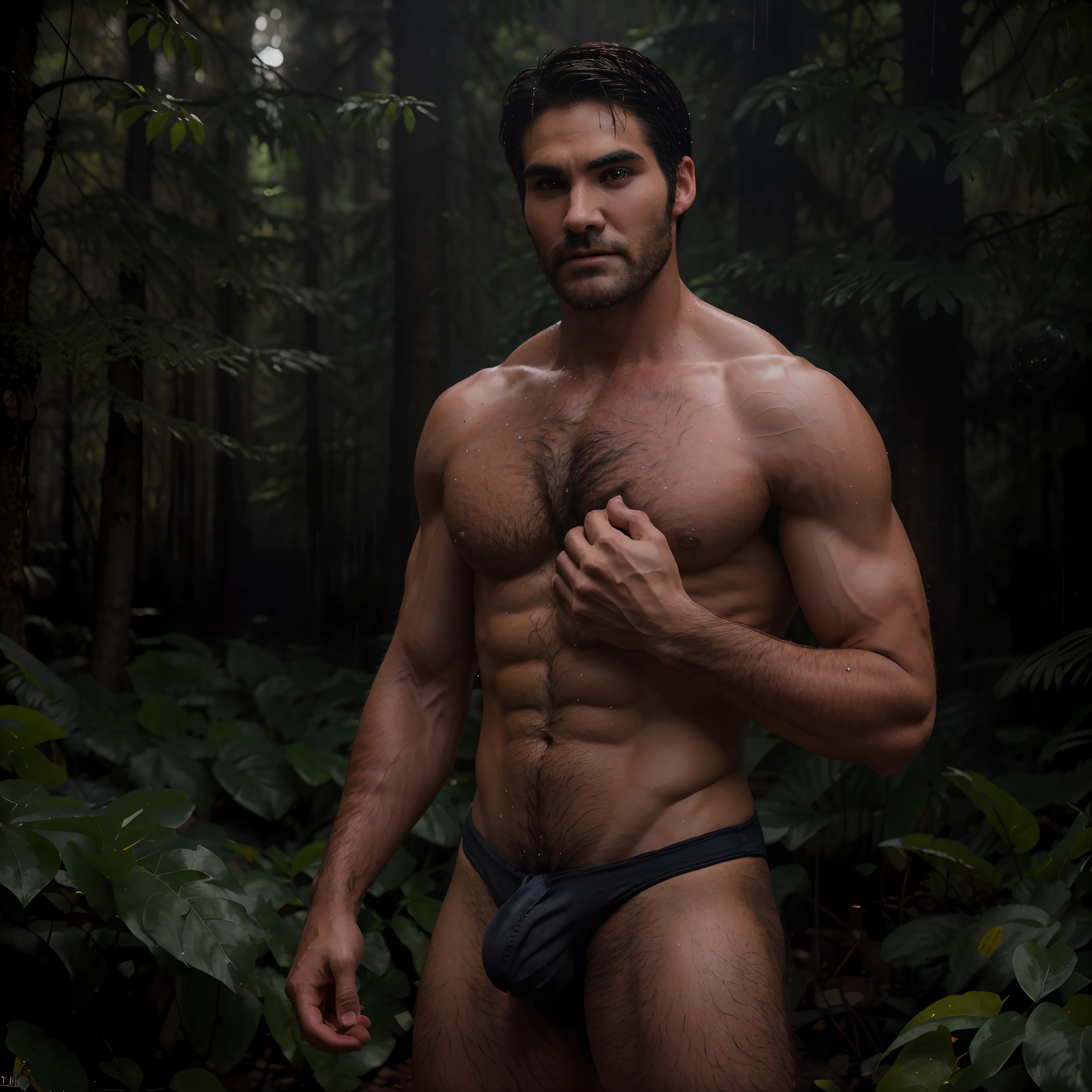 photorealism, Teen Wolf, (((Derek Hale))), (((Tyler Hoechlin))), standing in the forest in the rain. he is shirtless and only in a small black thong, (((hairy chest))), and glowing blue eyes. heavy rain, (((big bulge))), massive bulge, ((( Best Quality))),  (((character accurate))),  full body, (((large pecs))), NSFW, ((Bubble Butt))