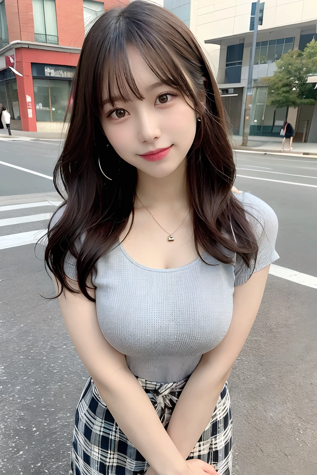 (masterpiece:1.3),(8k, wall paper,Realistic, RAW Photos, Best image quality: 1.4), (Random Hairstyles:1.2)、(Highly detailed face)、Attention to detail、double eyelid,(Sharp focus:1.2)、(((whole body:1.7))),(Above the knees photo),((One Woman))、Beautiful woman:1. 4,One female,smile,Chest-length hair、Highest quality、masterpiece、Ultra-high resolution、(Realistic:1.4)、Realistic,super high quality、Symmetrical face、The face is very realistic、Photo level、8k最高画質はフル、Sebaceous reflex、The face is very realistic、Extremely realistic skin、Realistic light and shadow effects,Professional Lighting, Cleavage,Oversized T-shirt,Frilled Skirt,((outside,Downtown at night:1.5))