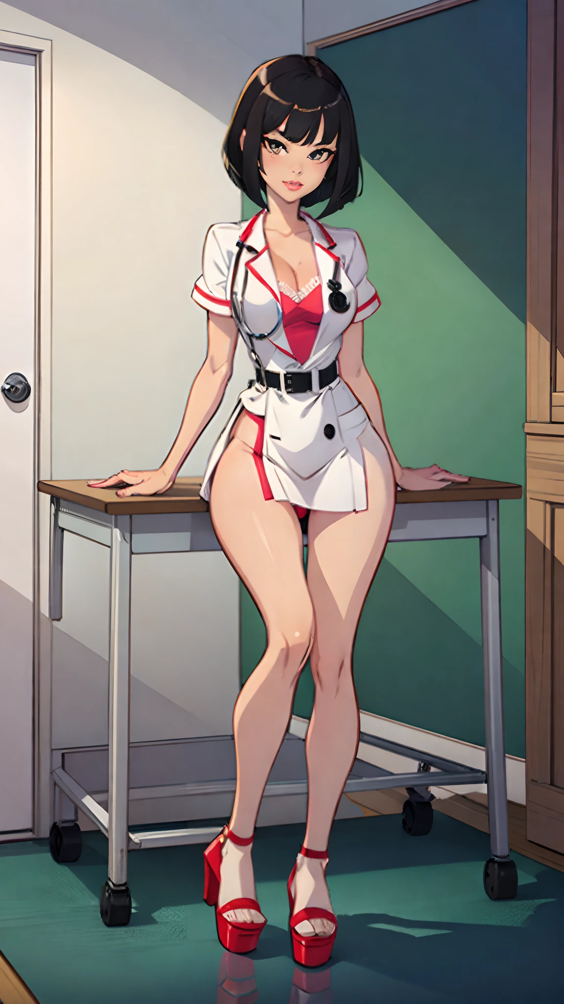 ((masterpiece)), ((best quality)), (ultra-detailed), ((kawaii)), ((sexy)), (ero), ((extremely detailed)), 4K, (8K), best quality, (beautiful), realistic, full body focus, classroom, a pretty girl, adult:1.6, solo, white nurse uniform:1.8, medical gown, medic, red lingerie:1.5, white stockings:1.8, red heeled sandals:1.6, heels, short black hair, bob hair, transparent hair, offering pose:1.6, seductive look, sitting on chair, hospital, reflection effect,