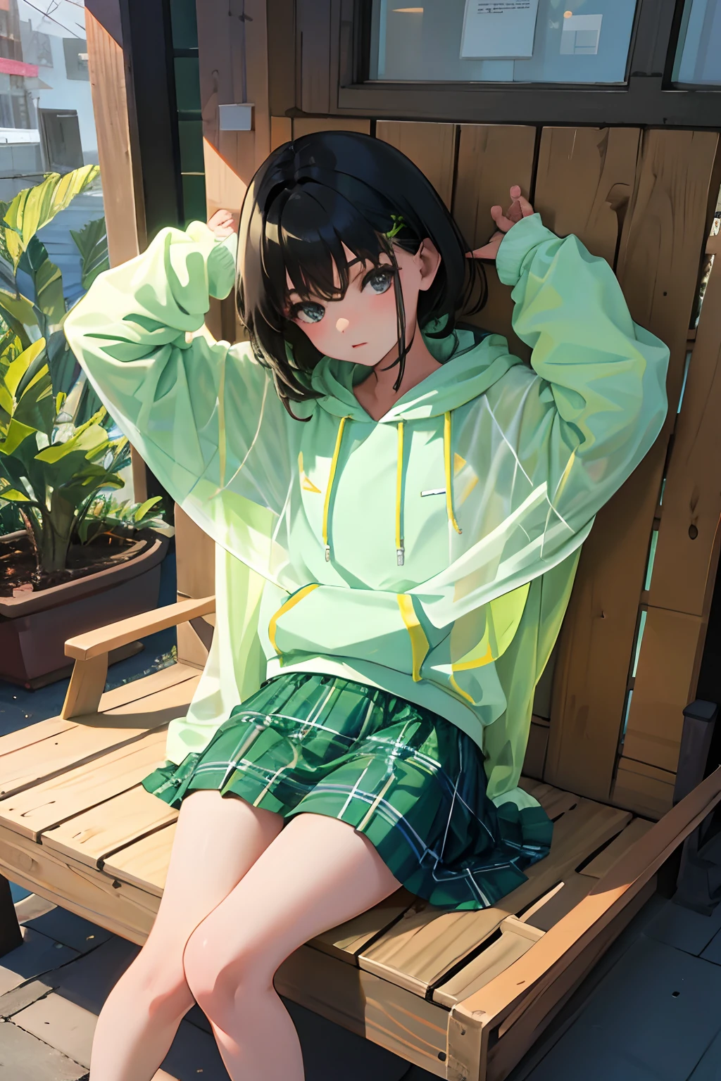 ,(masterpiece,Highest Quality),Light green sheer hoodie,Plaid skirt,A dark-haired