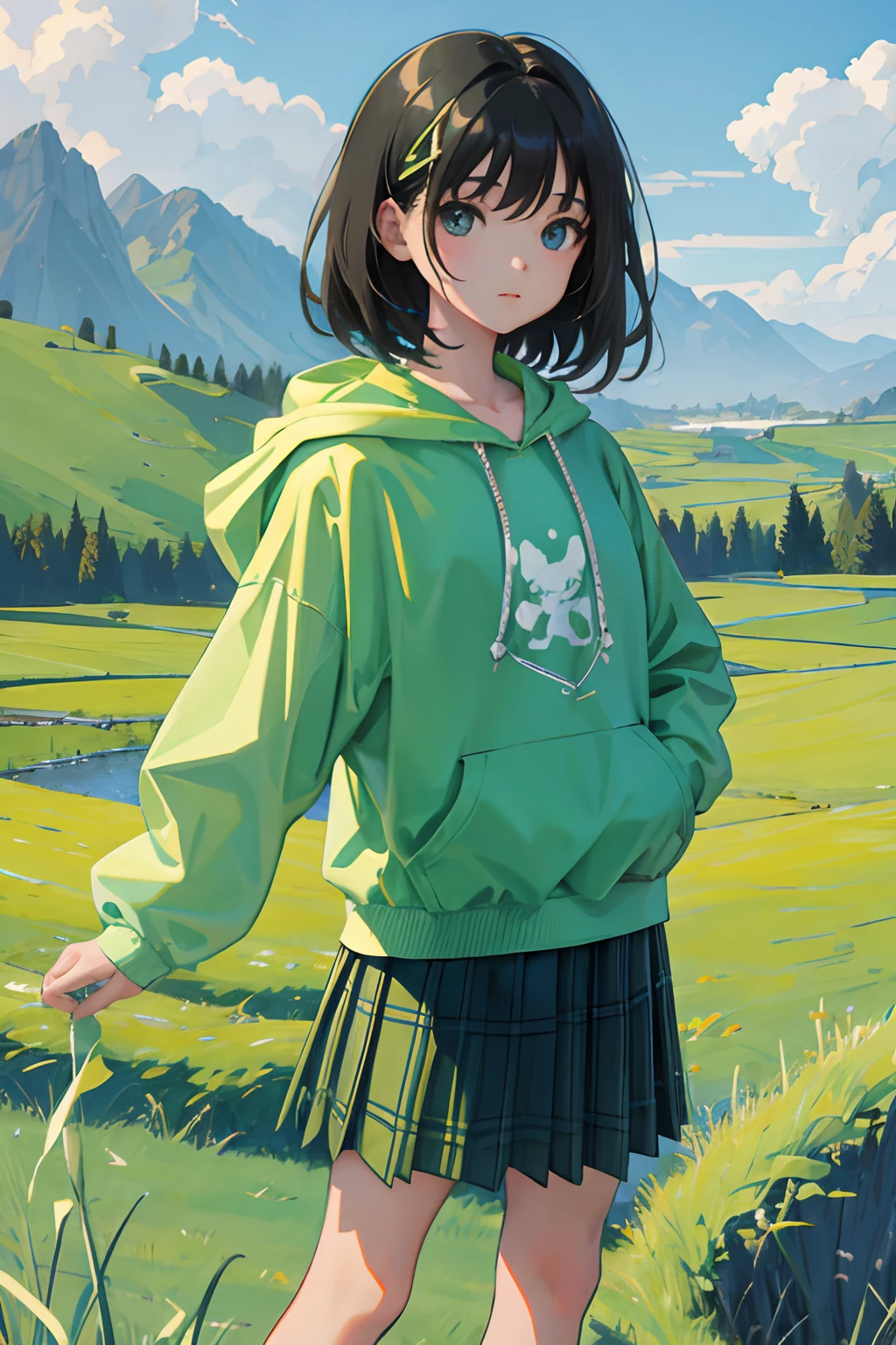 child，（​masterpiece，Highest Quality），Light Green Hoodie，plaid skirts，A dark-haired，grass field