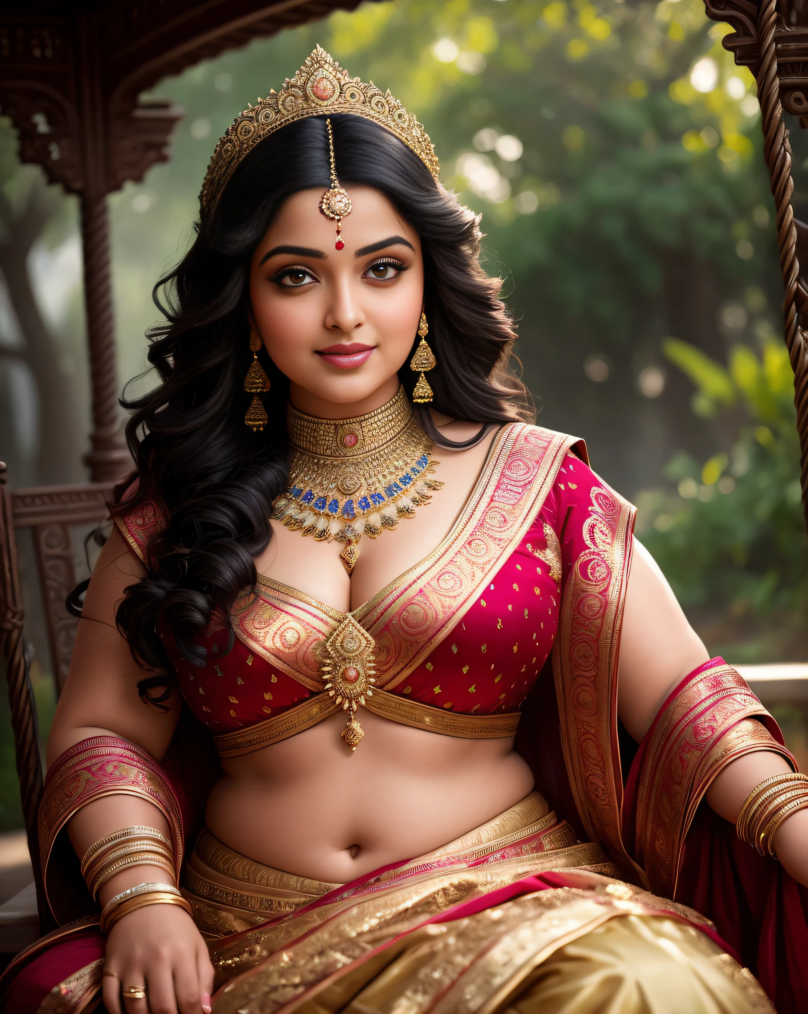 (masterpiece portrait photography:1.3) of a (solo:1.3) ravishing alluring chubby curvy  maharani aishwarya rai iyer, sitting on a regal swing in a palace, wearing ornate intricate sparkling armour, intricate robes, cape & saree, battle ready, navel, reflections on street, (flowing wavy backlit hair), cinematic dramatic scene, lustful glance, (captivating kohl lined eyes:1.3), (seductive smile:1.3) ethereal magical portal, dramatic lighting, shimmering  depth of field, backlit, light rays, highly detailed, trending on artstation, paint splashes, rich colour, mythological portrait, by Ron hicks & Atey Ghailan