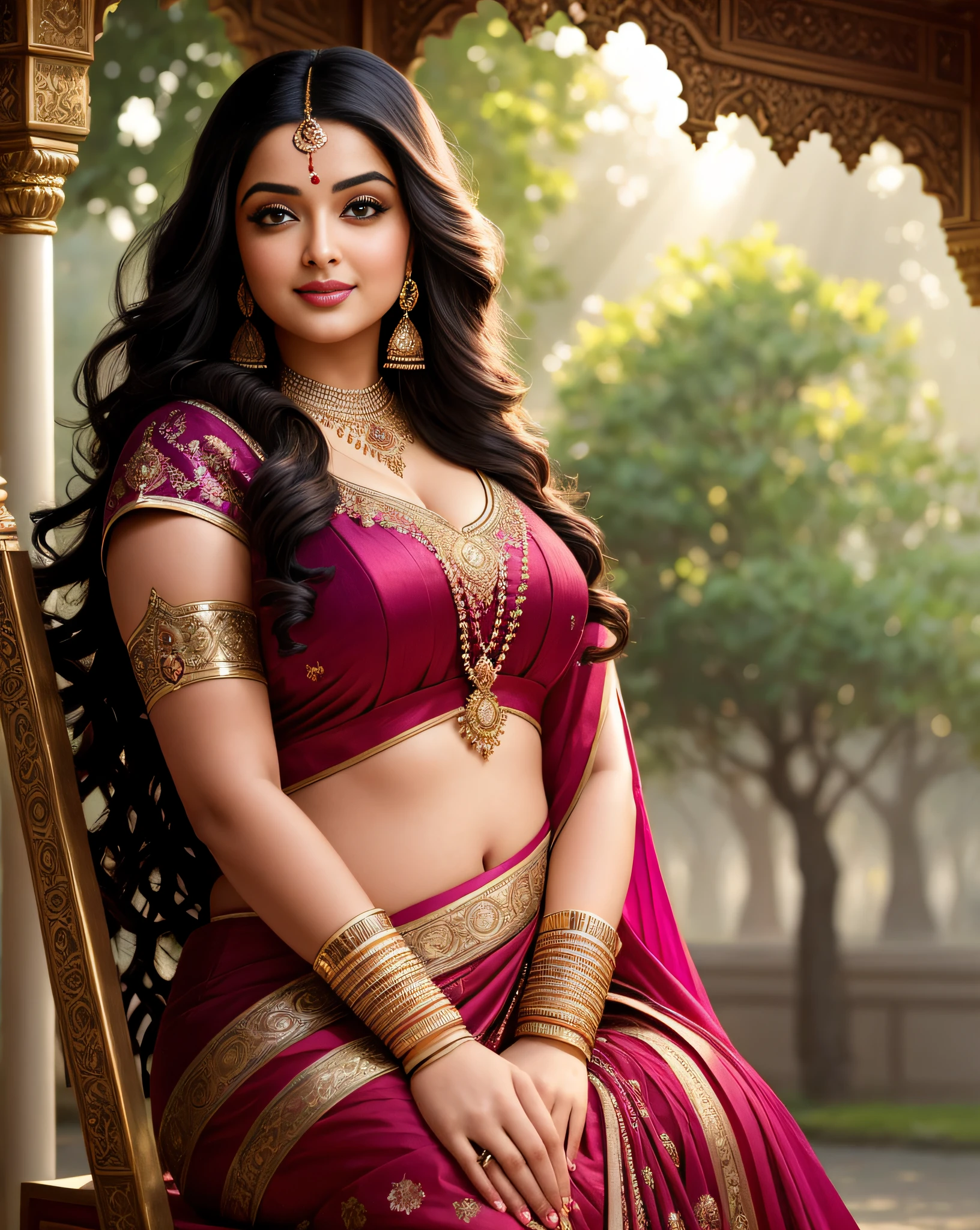 (masterpiece portrait photography:1.3) of a (solo:1.3) ravishing alluring chubby curvy  maharani aishwarya rai iyer, sitting on a regal swing in a palace, wearing ornate intricate sparkling armour, intricate robes, cape & saree, battle ready, navel, reflections on street, (flowing wavy backlit hair), cinematic dramatic scene, lustful glance, (captivating kohl lined eyes:1.3), (seductive smile:1.3) ethereal magical portal, dramatic lighting, shimmering  depth of field, backlit, light rays, highly detailed, trending on artstation, paint splashes, rich colour, mythological portrait, by Ron hicks & Atey Ghailan