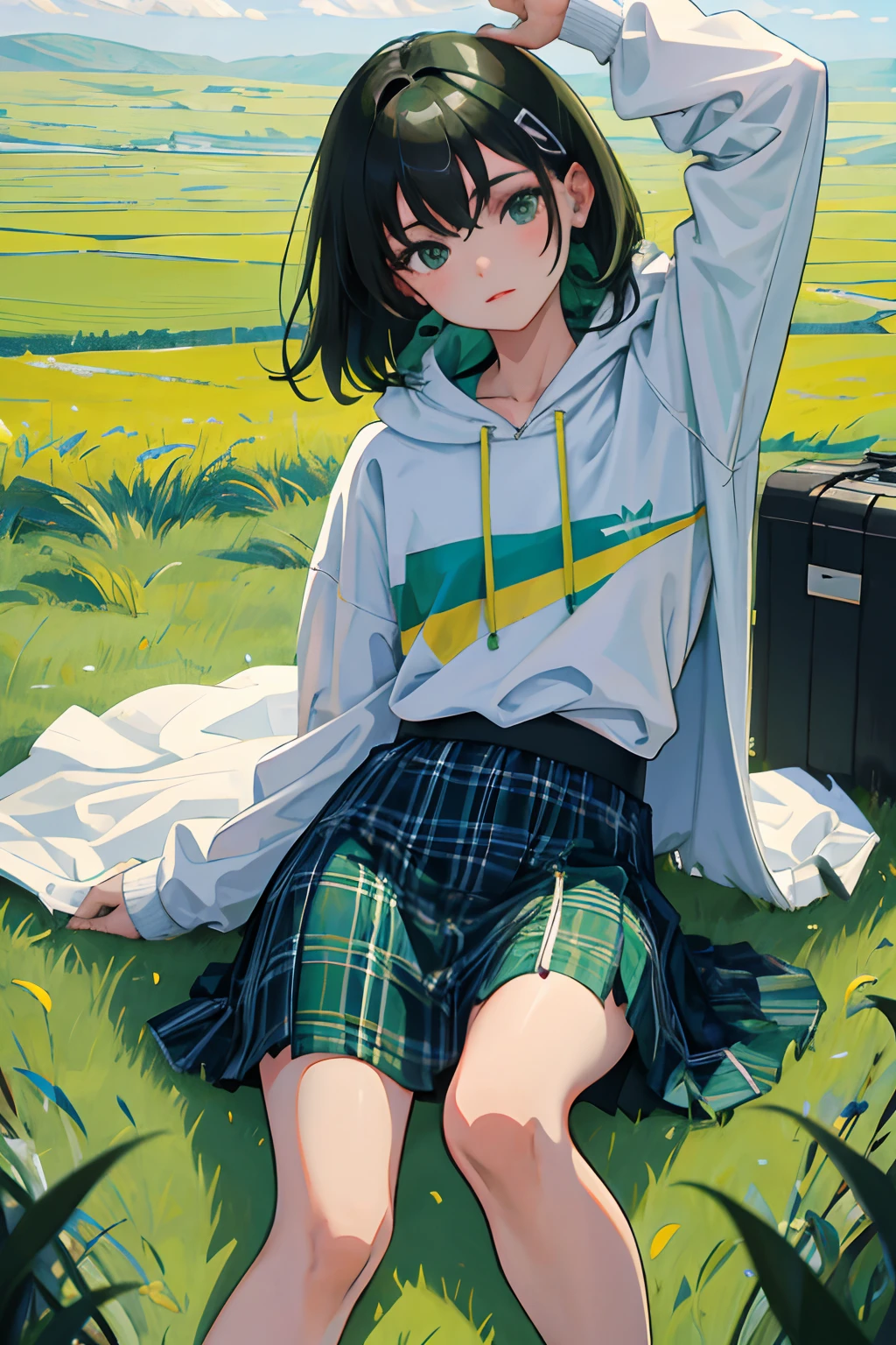 child,(masterpiece,Highest Quality),Light Green Hoodie,plaid skirts,A dark-haired,grass field