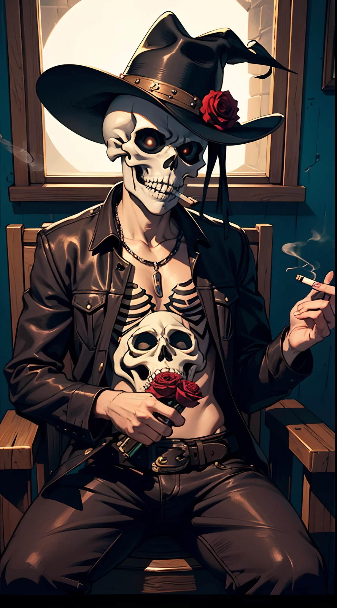 A rock and roll Patolino holding a red rose with a skull necklace around his neck and is at the cemetery