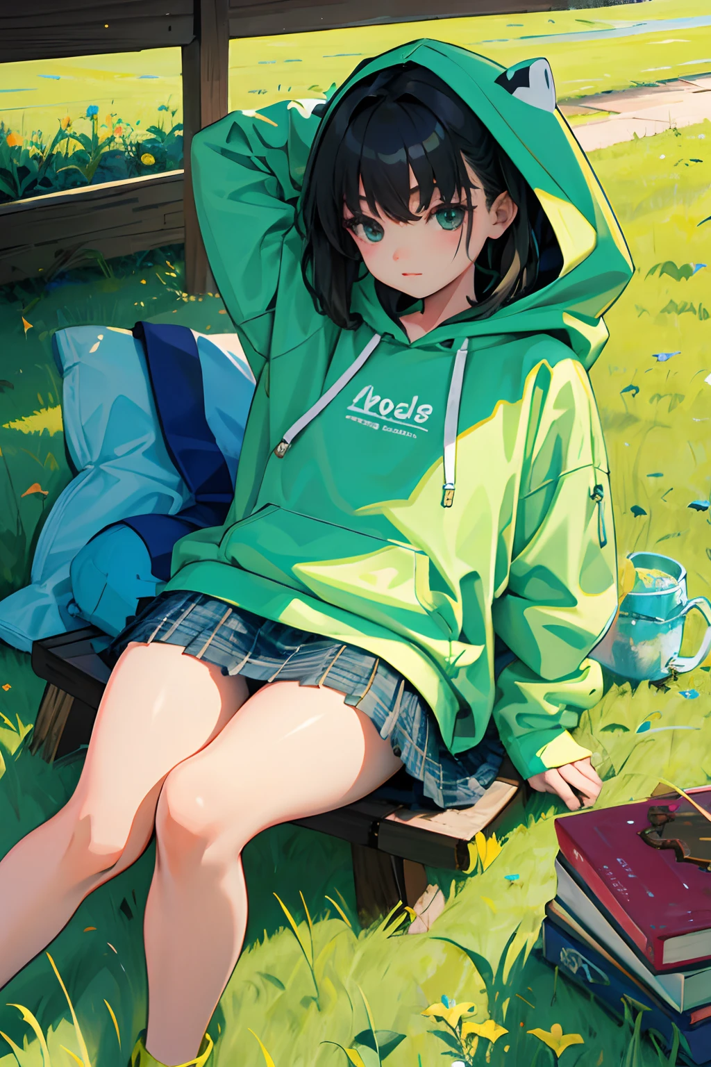 ,(masterpiece,Highest Quality),Light Green Hoodie,plaid skirts,A dark-haired,grass field