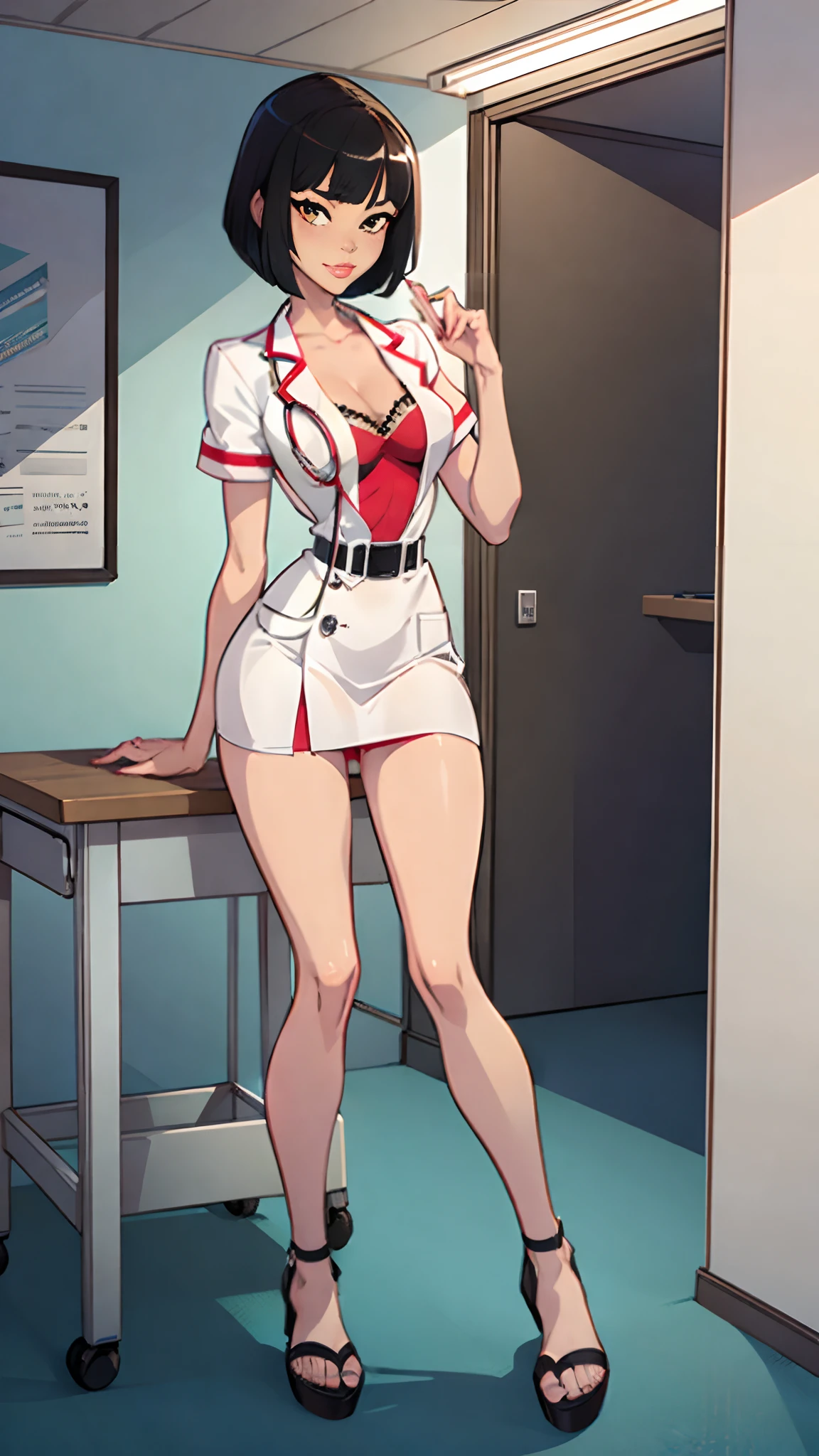 ((masterpiece)), ((best quality)), (ultra-detailed), ((kawaii)), ((sexy)), (ero), ((extremely detailed)), 4K, (8K), best quality, (beautiful), realistic, full body focus, classroom, a pretty girl, adult:1.6, solo, white nurse uniform:1.8, medical gown, medic,  red lingerie:1.5, white stockings:2, red heeled sandals:1.6, heels, short black hair, bob hair,  transparent hair,  offering pose:1.6, seductive look, sitting on chair, hospital, reflection effect, perfect anatomy,