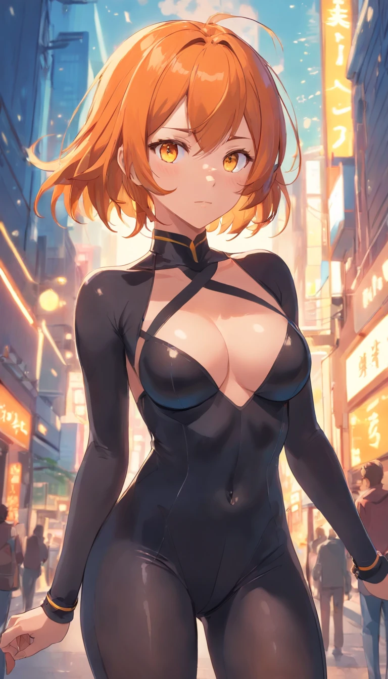 1 female、Orange hair、huge tit、Big ass、Black catsuit、yellow eyes、Large, thick thighs、Short Bob、wide hips、pantyhose
