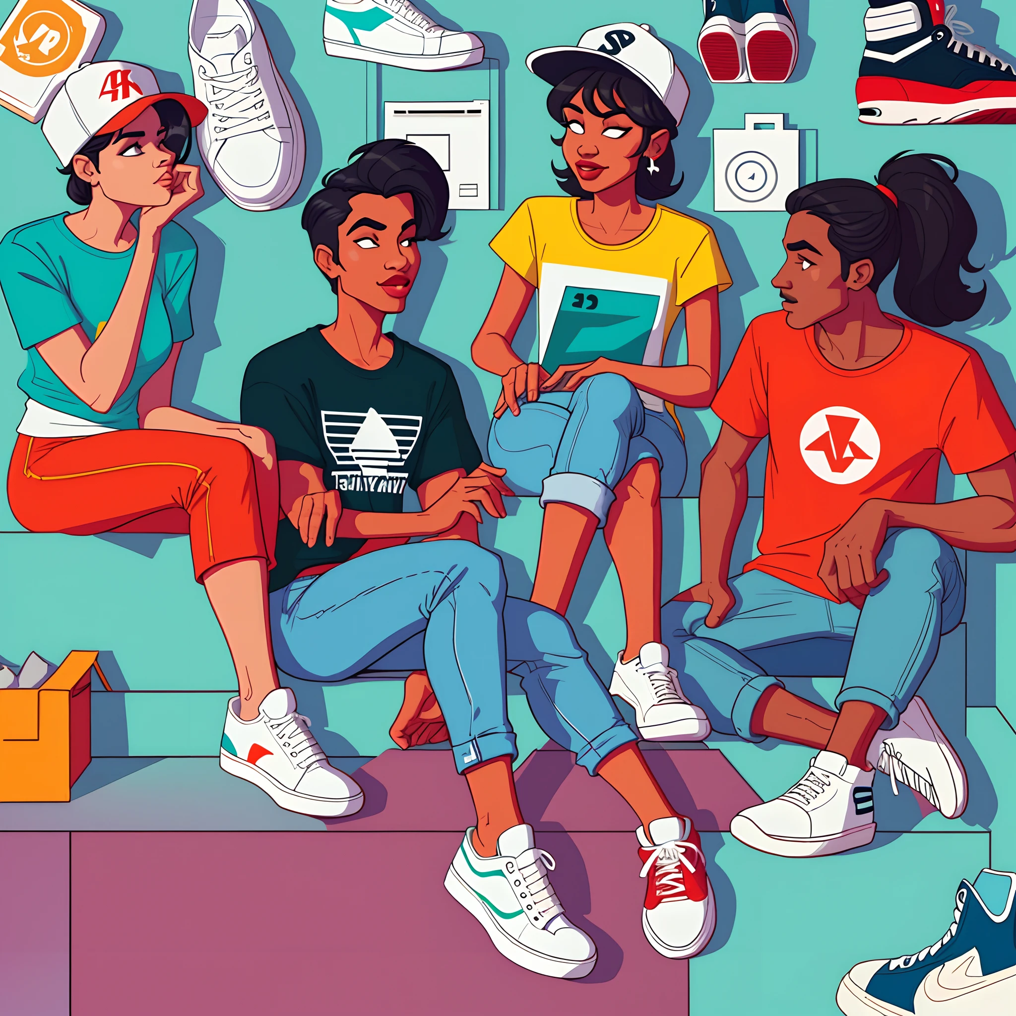 pessoas sentadas em um banco conversando entre si, Pants and sneakers in digital illustration style, Cartoon style illustration,