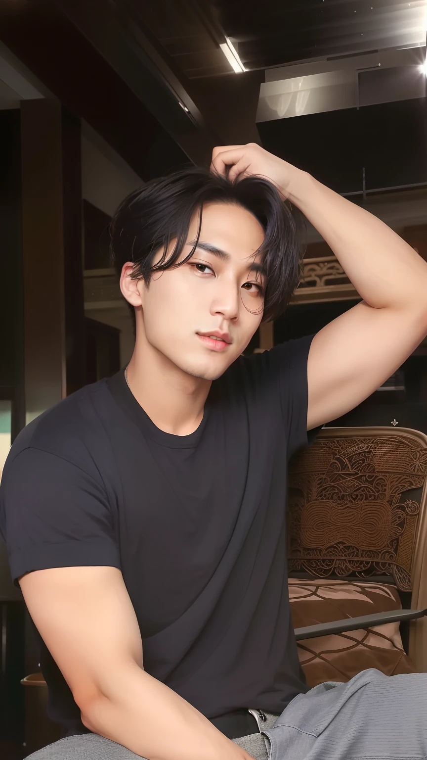 there is a man sitting on a chair with his hair in the air, with his long black hair, handsome chad chin, taken in the early 2020s, taejune kim, sui ishida with black hair, yanjun chengt, hyung tae, profile pic, tanaka suguru, headshot profile picture, yuya nagai