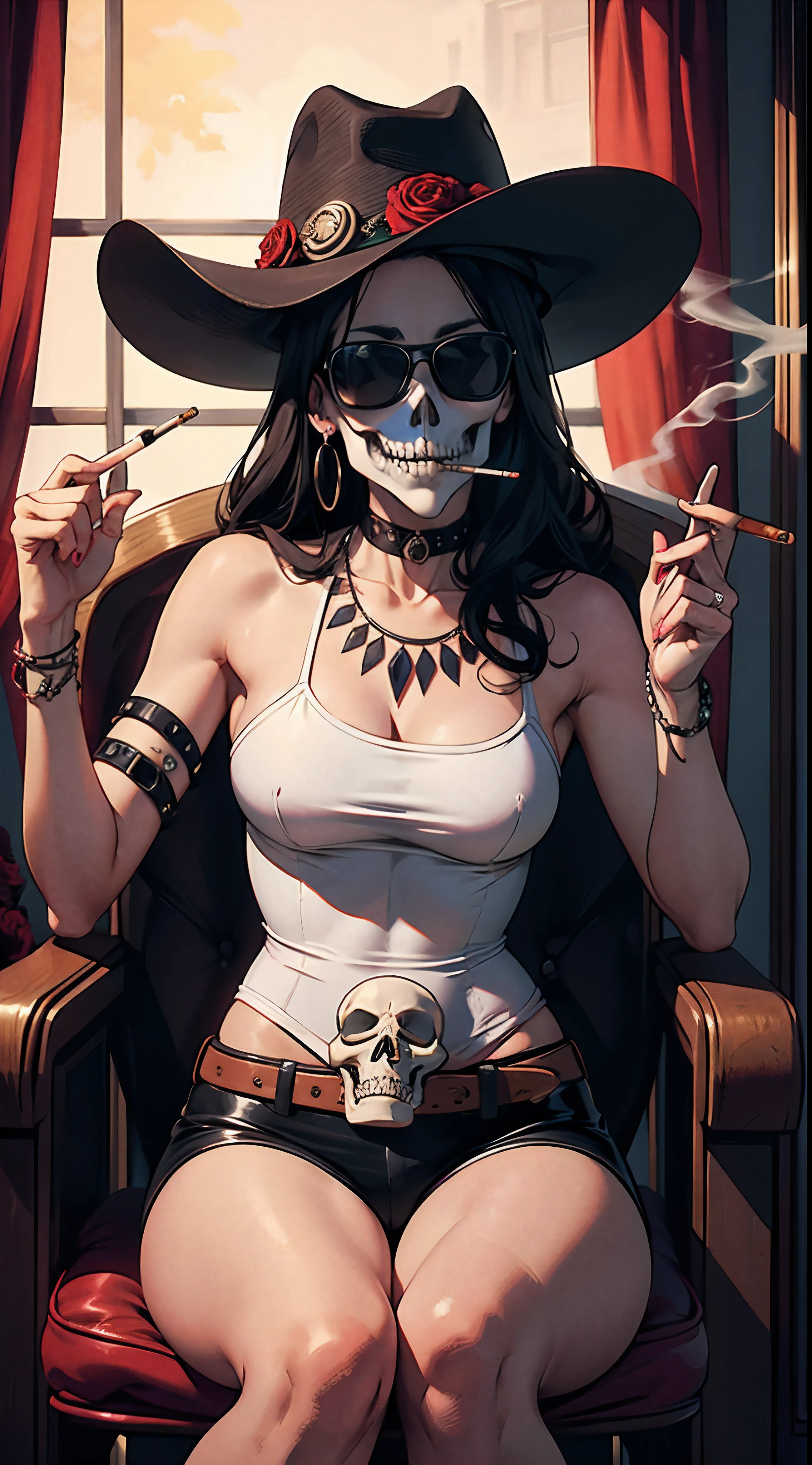 Uma obra-prima Skelleton Rocker, With a cowboy hat, Fumar uma cigarrette, sentado em um trono, disco Rigido,com rosas ,gotic