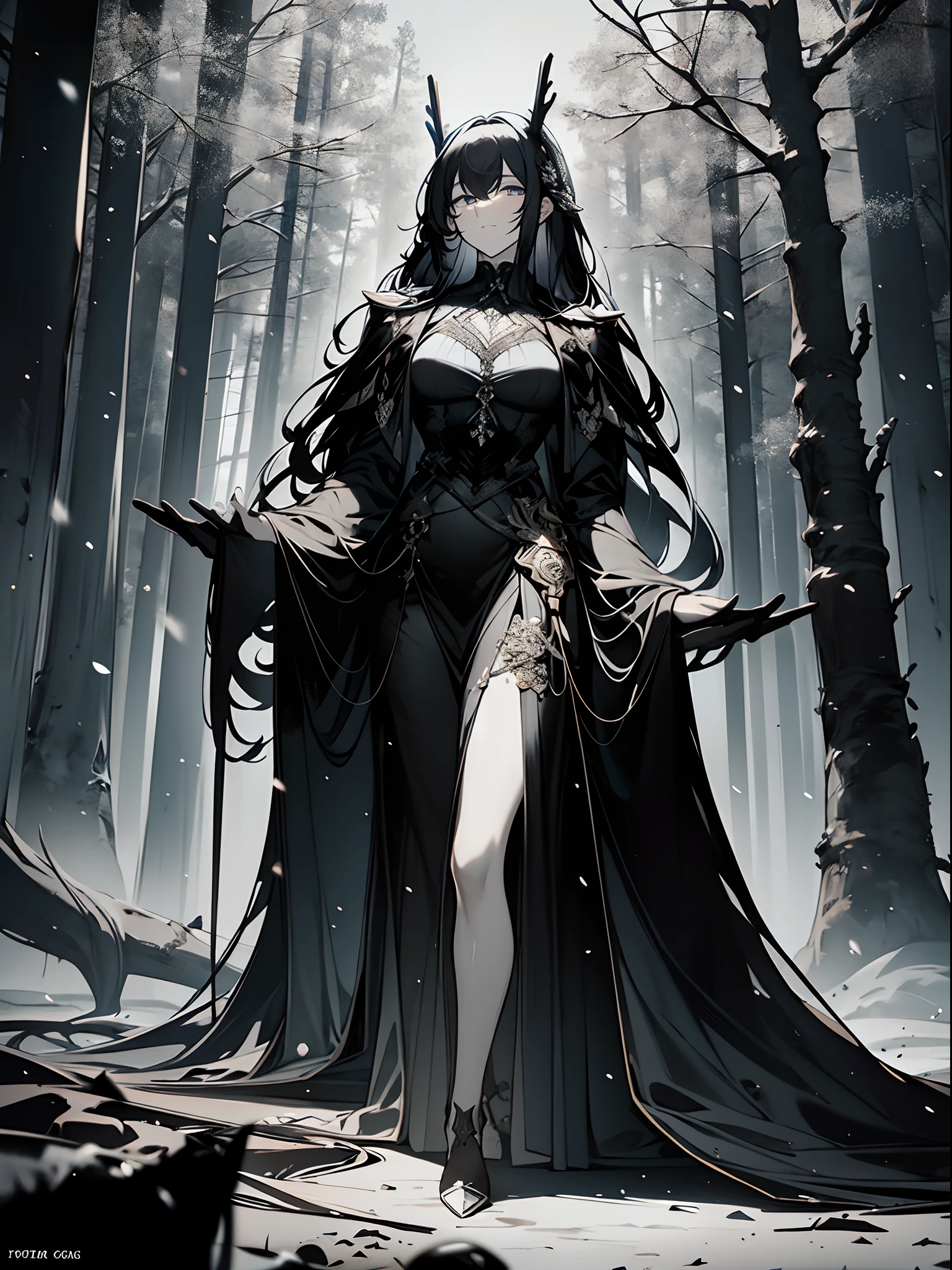 (best quality,4k,8k,highres,masterpiece:1.2),ultra-detailed,goth korean girl,1woman,forest,anime style,pale skin,long flowing hair,melancholic expression,lens flare,symbolic elements,makeup, fog,ethereal beauty, dark makeup , full body, wicked smile, seductive witch