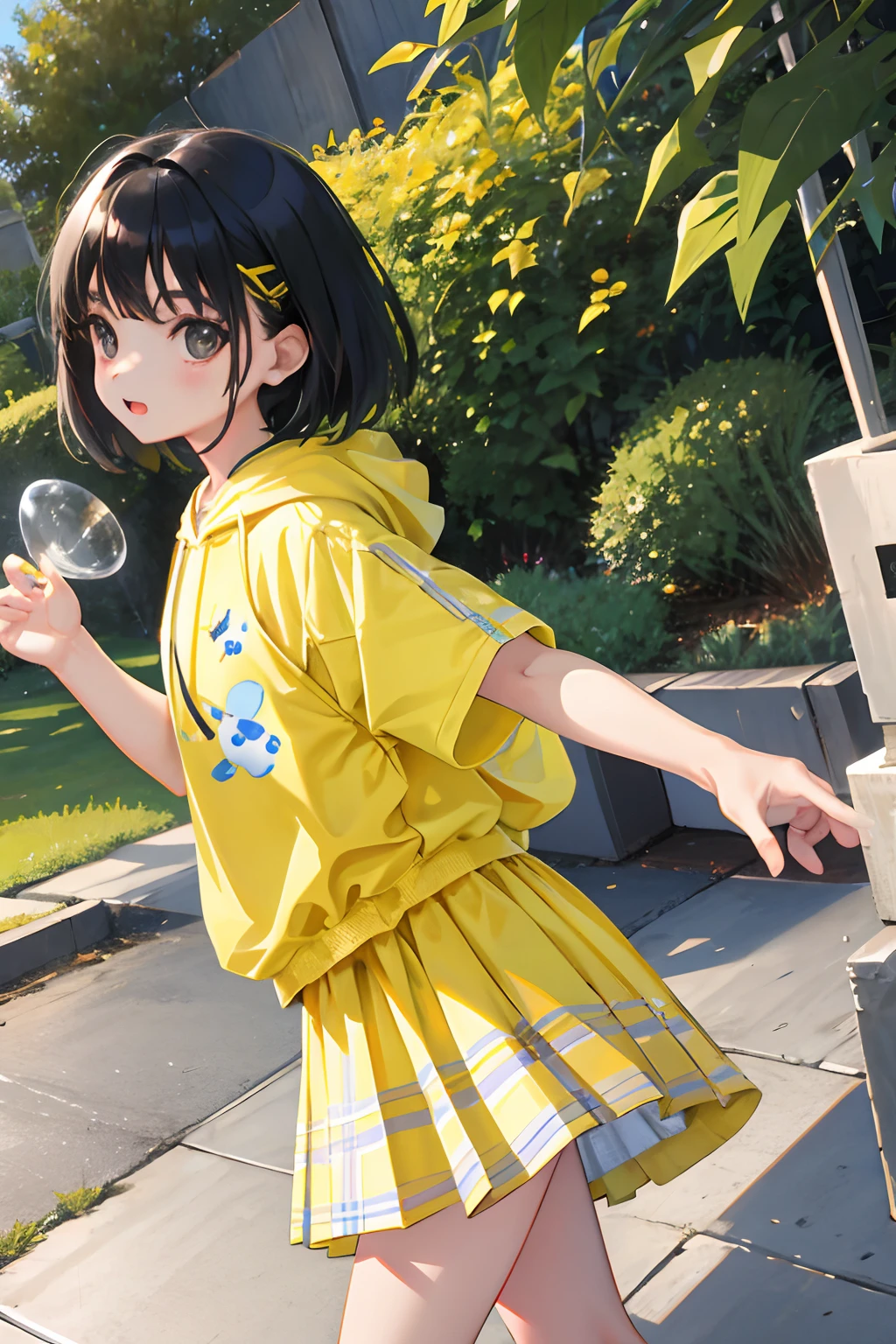 ,(masterpiece,Highest Quality),Light yellow hoodie,plaid skirts,Short sleeved black hair