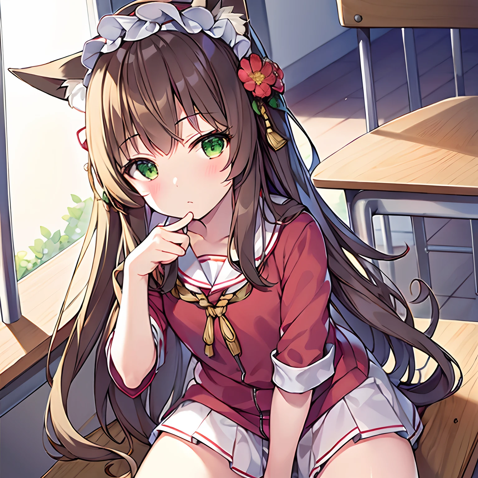 Masterpiece, Best quality, high resolution, 1girll, Solo, Oversized fox tail，Long brown hair，Green eyes，Small flower headdress, (-yeld juschool student)，In the classroom，The girl sits at the table，Strike an M-leg pose_Curiously, he touched his hand with his hand，Dressed in an old-fashioned Japanese schoolgirl tracksuit，