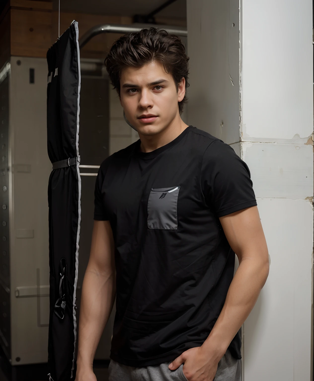 a young adult boy in a black suit, athletic, realistic portrait, 8k , studio lightening