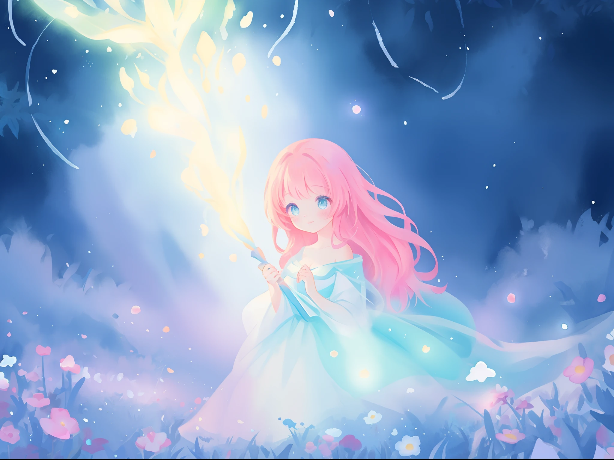 beautiful girl in puffy white ballgown, long hair, magical glowing blue lights coming from her hands, magical, whimsical, blue pink and purple colors, magical otherworldly fantasia landscape background, magical otherworldly forest, magical creatures, watercolor illustration, inspired by Glen Keane, inspired by Lois van Baarle, disney art style, by Lois van Baarle, glowing aura around her, by Glen Keane, jen bartel, glowing lights! digital painting, flowing glowing hair, glowing flowing hair, beautiful digital illustration, fantasia otherworldly landscape plants flowers, beautiful, masterpiece, best quality, anime disney style