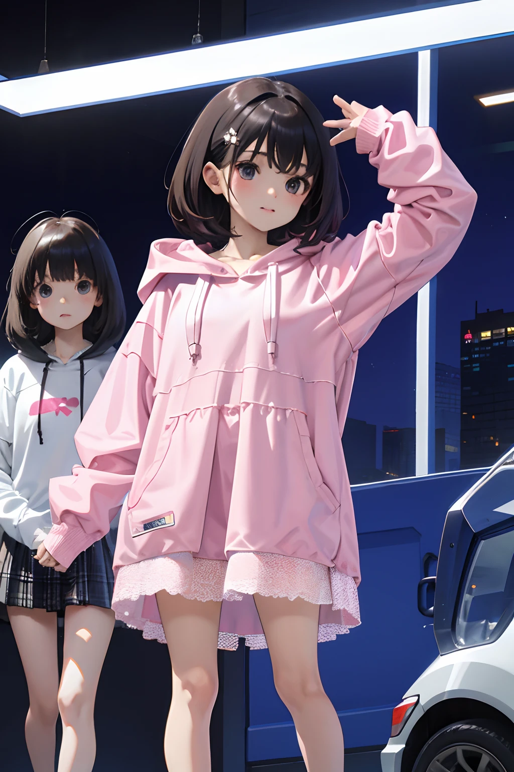 ，（​masterpiece，Highest Quality），Light pink sheer hoodie，plaid skirts，A dark-haired