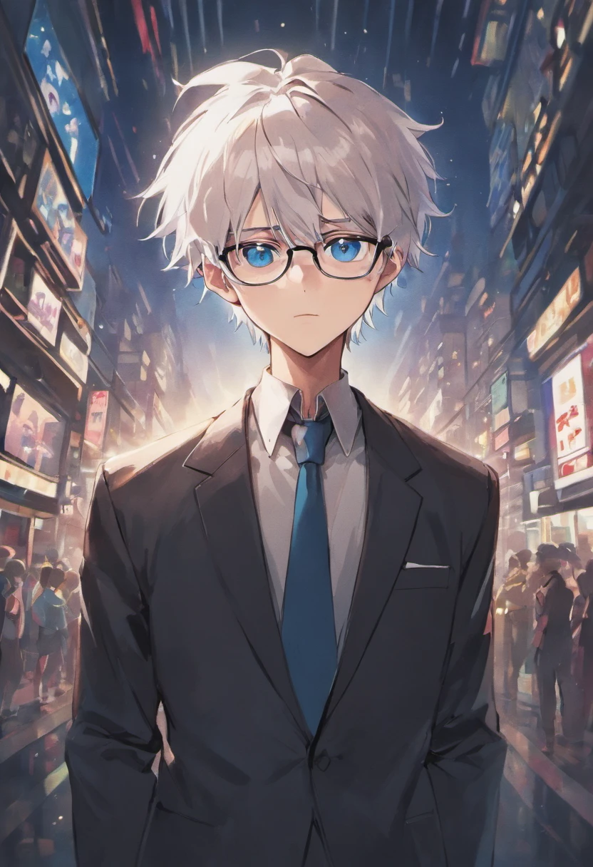 White-haired male anime character with blue-eyed glasses wearing the black suit