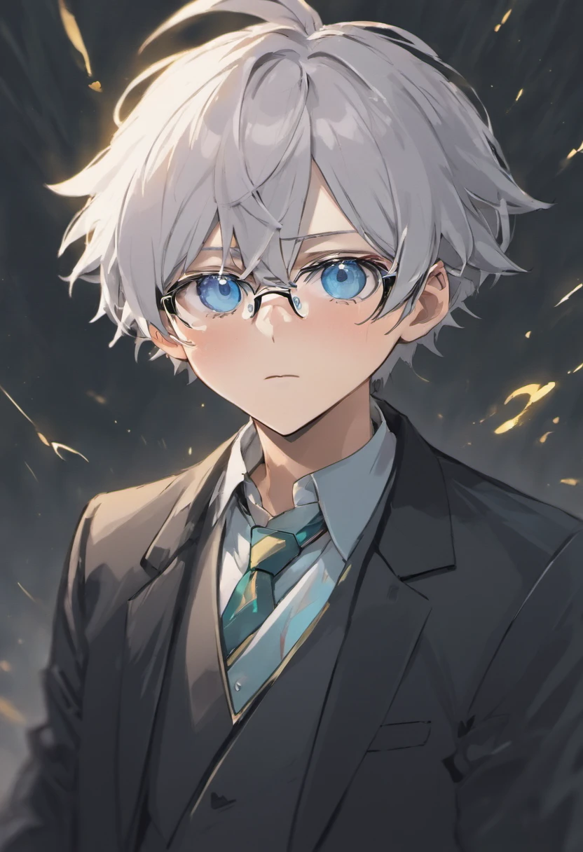 White-haired male anime character with blue-eyed glasses wearing the black suit