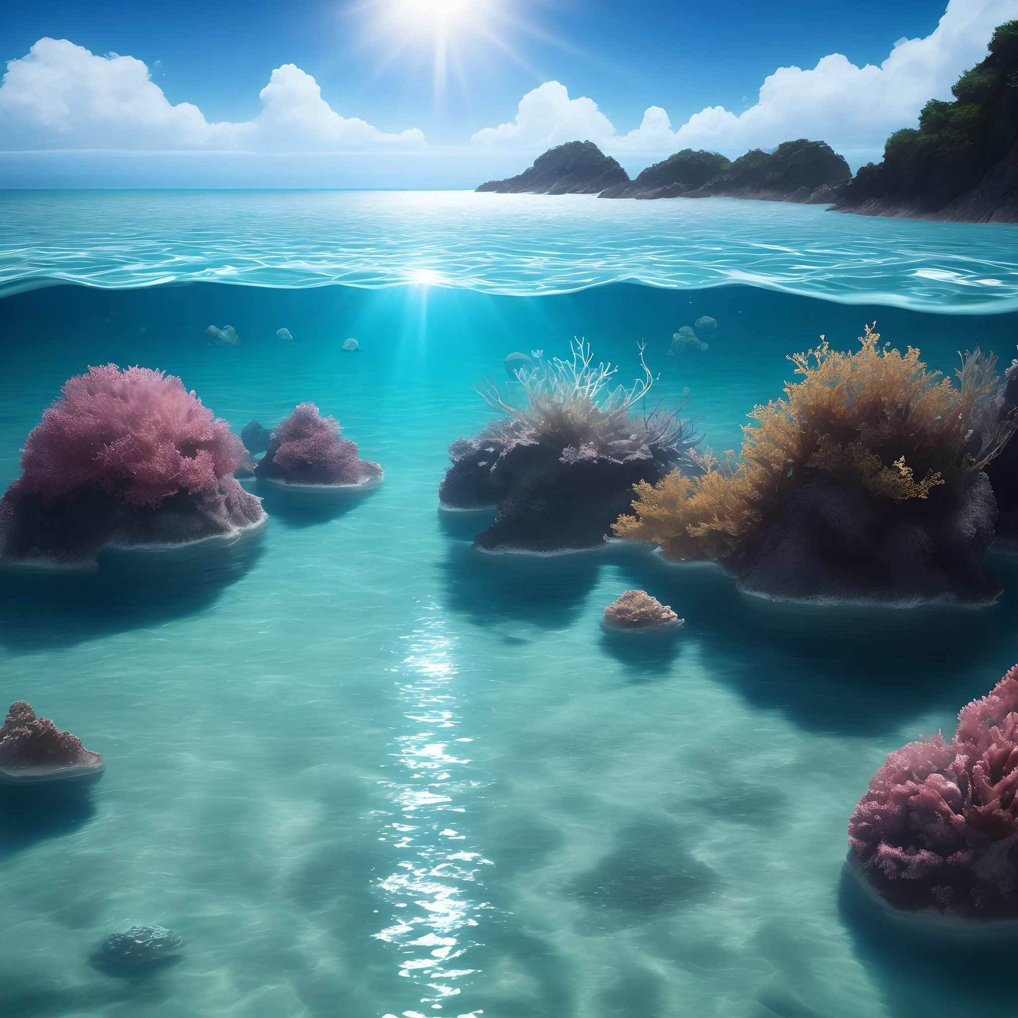Middle of the ocean clear blue water marine organisms insid cinematic view hyper realistic 8k quality afternoon time bright and scorching sunlight piercing through clear water 8k quality
