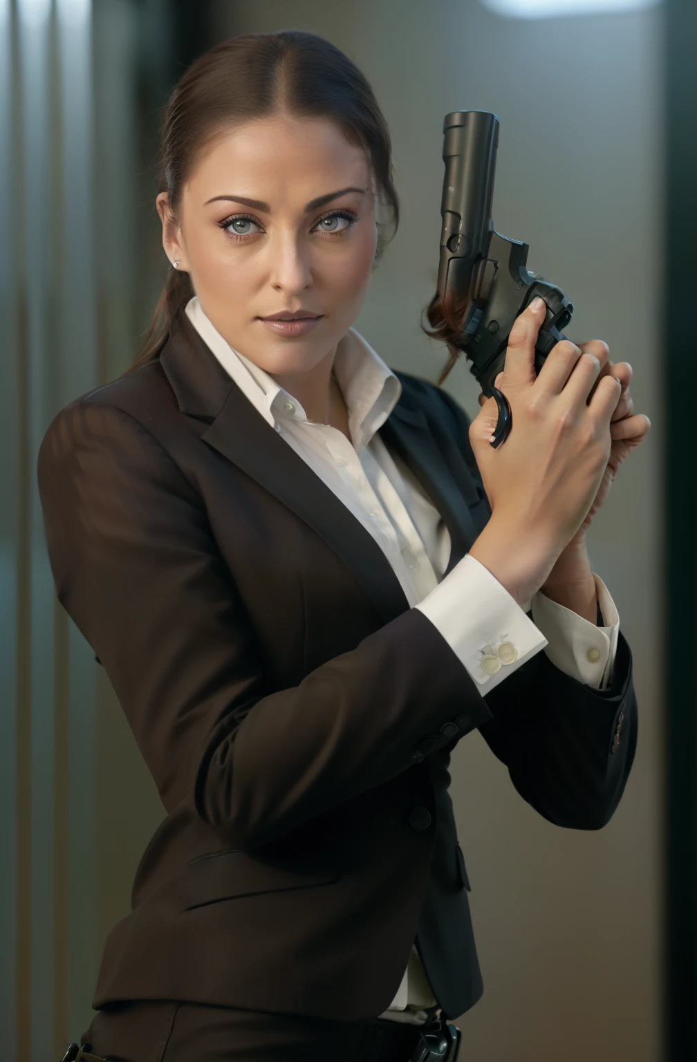 a close up of a woman in a suit holding a gun, female spy, with pistol, holding gun, female investigator, smoking and holding a gun, holding pistol, carrying a gun, holding a gun, holding revolver pistols, dramatic wielding gun pose, holding a pistol, holding a revolver, holding handgun, wearing a strict business suit, brandishing a gun, ARRI ALEXA 65, Hasselblad, 50mm, post production grading, intricated details, highly detailed, cinematic colors, 4K, 8K, masterpiece, cinematic film still , shallow depth of field, vignette, highly detailed, high budget Hollywood film, bokeh, cinemascope, moody, epic, gorgeous, film grain