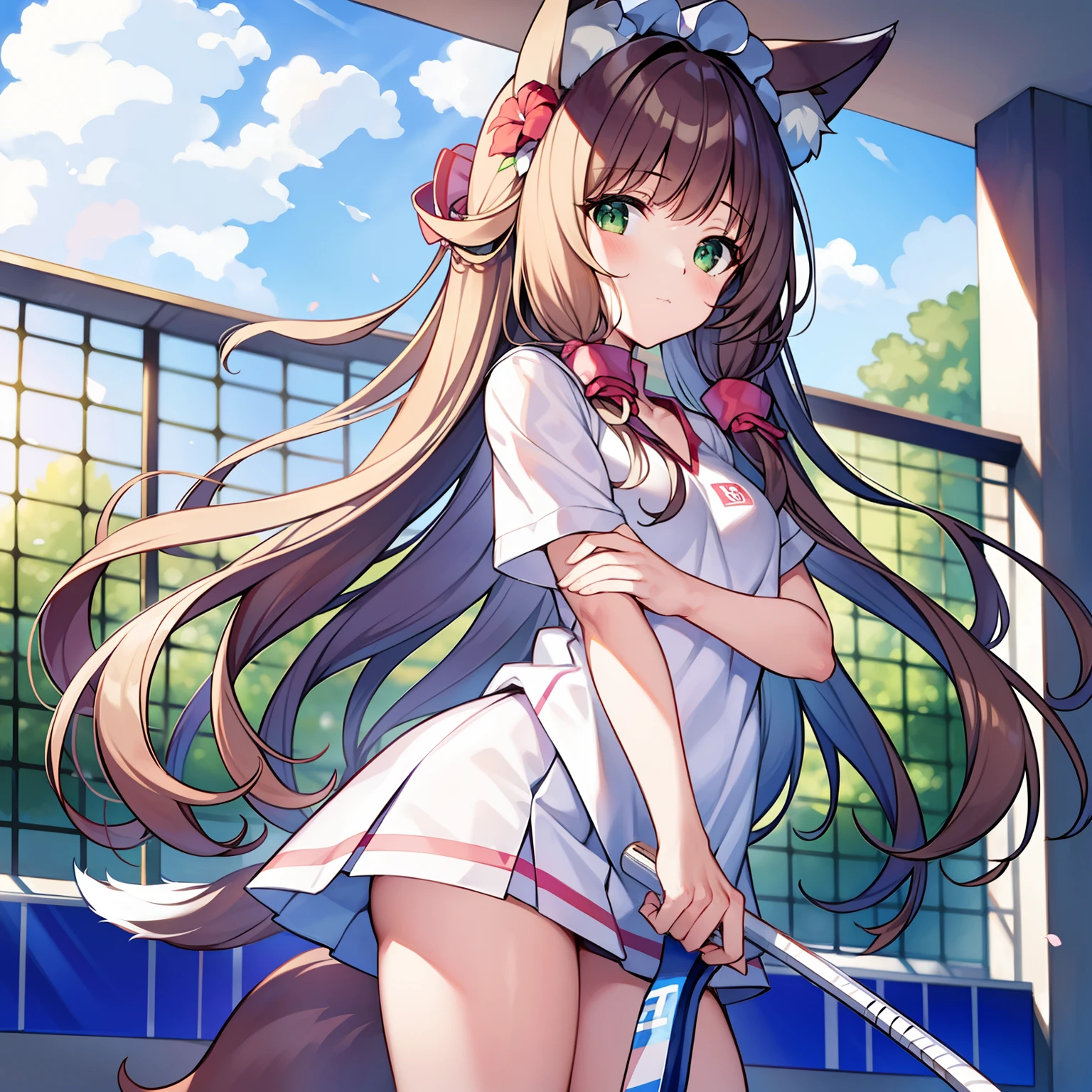tmasterpiece,Highest high resolution,8k wallpaper,Highest drawing quality,1girll,Solo,(Huge fox tail),Brown hair long,Green eyes,Small flower headdress,21-year-old college student_C cup,Modern architecture, On the tennis court of the university_BREAK BREAK BREAK,Wearing a white tennis uniform,