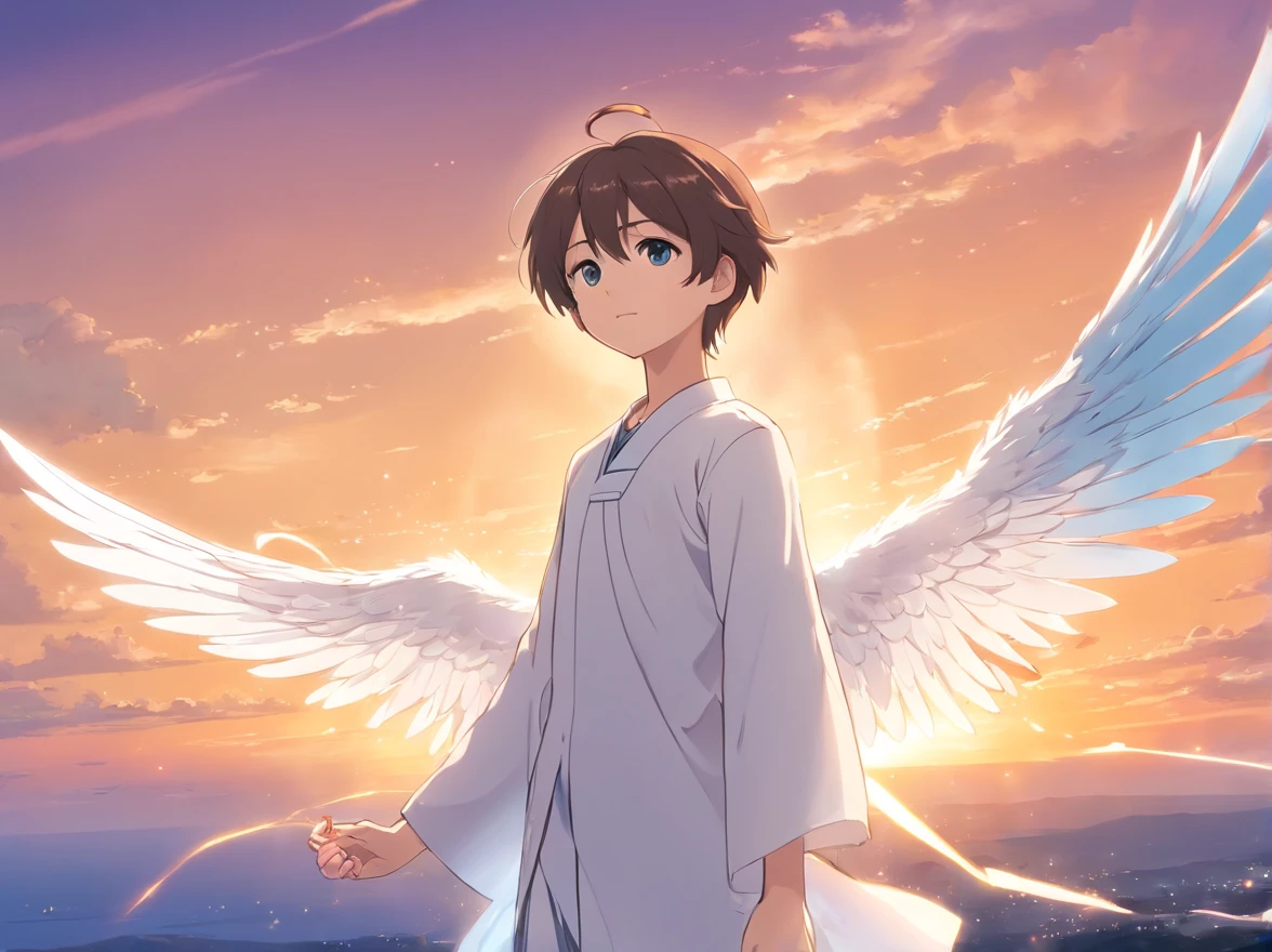 Portray a renowned archangel angel dressed in white clothes, 8k cinematic, realistic and full body, who descended to Earth. Create a guardian angel assigned to protect a special . This male angel has platinum hair, radiant eyes and the ability to create small miracles for the safe child. Additionally, he has a connection with an adult angel with a deep connection to the child and guides him throughout his life.