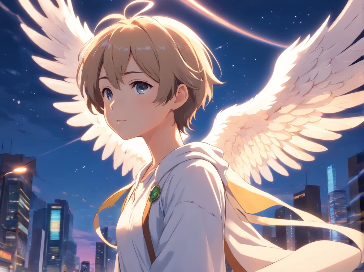 Portray a renowned archangel angel dressed in white clothes, 8k cinematic, realistic and full body, who descended to Earth. Create a guardian angel assigned to protect a special child. This male angel has platinum hair, radiant eyes and the ability to create small miracles for the safe child. Additionally, he has a connection with an adult angel with a deep connection to the child and guides him throughout his life.