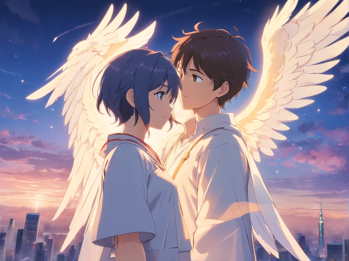 Portray a renowned archangel angel dressed in white clothes, 8k cinematic, realistic and full body, who descended to Earth. Create a guardian angel assigned to protect a special . This male angel has platinum hair, radiant eyes and the ability to create small miracles for the safe child. Additionally, he has a connection with an adult angel with a deep connection to the child and guides him throughout his life.