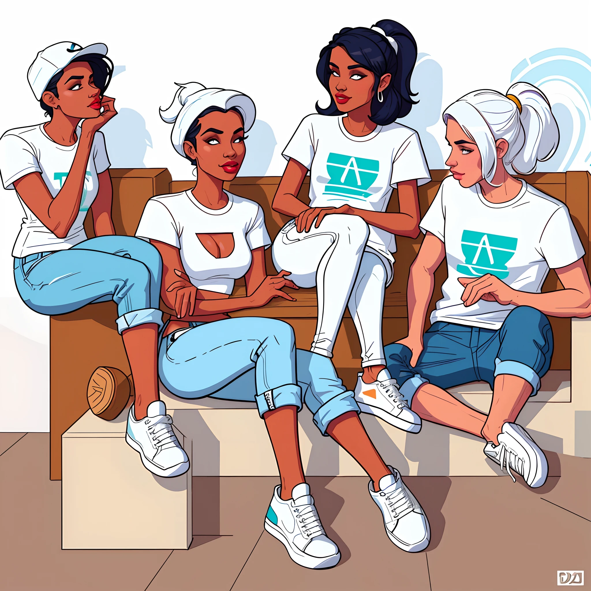 pessoas  sentadas em um banco conversando entre si, White jeans and sneakers, camisa branca , in digital illustration style, Cartoon style illustration, imagem sem fundo, fundo branco