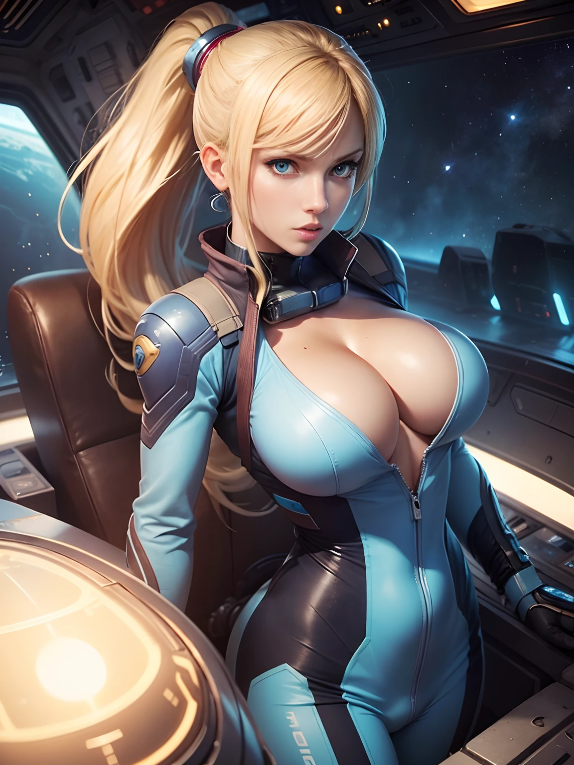 woman, Samus, space pirate, hot, sexy, horny, seductive, cleavage, sky-blue, big boobs, full sleeve suit, sweaty, face Closeup, light blue eyes, blonde hairs, ponytail, in ship cockpit background