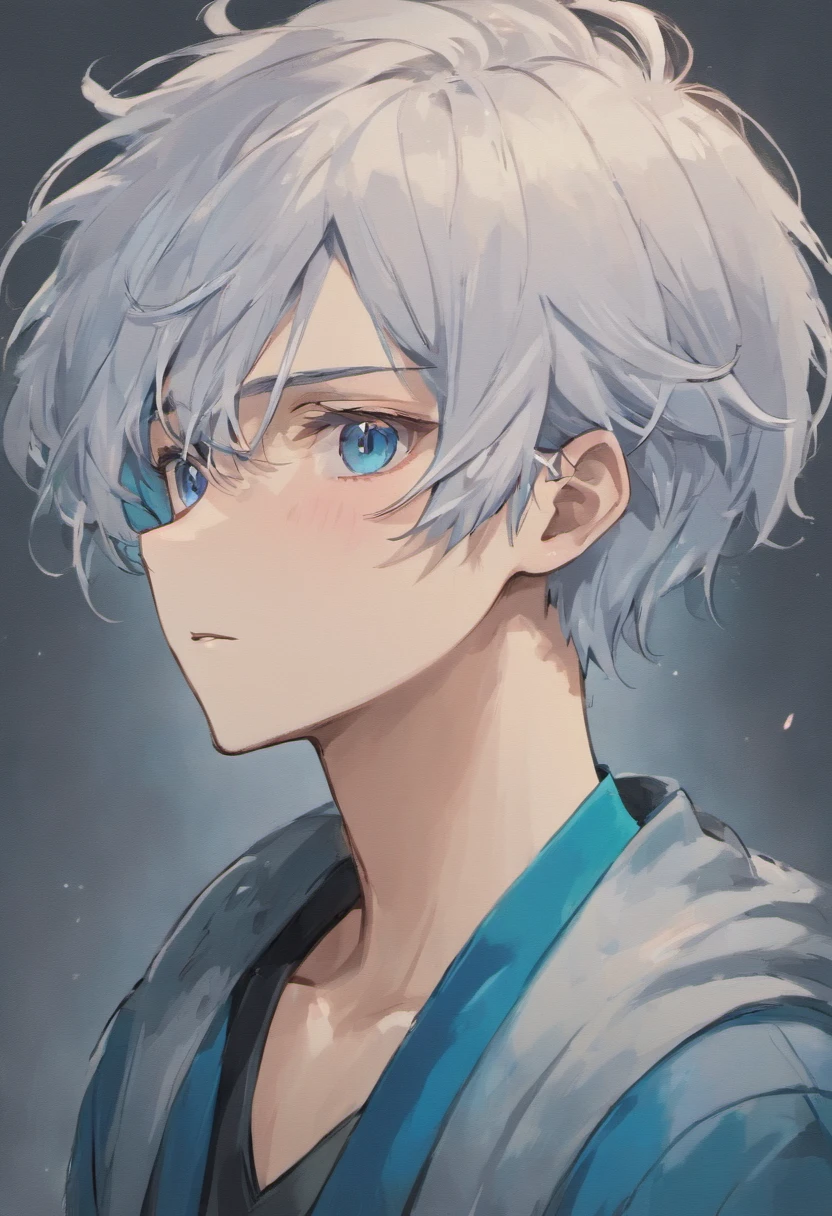 White-haired young anime man, slightly wavy hair, blue eyes, earrings, neutral expression