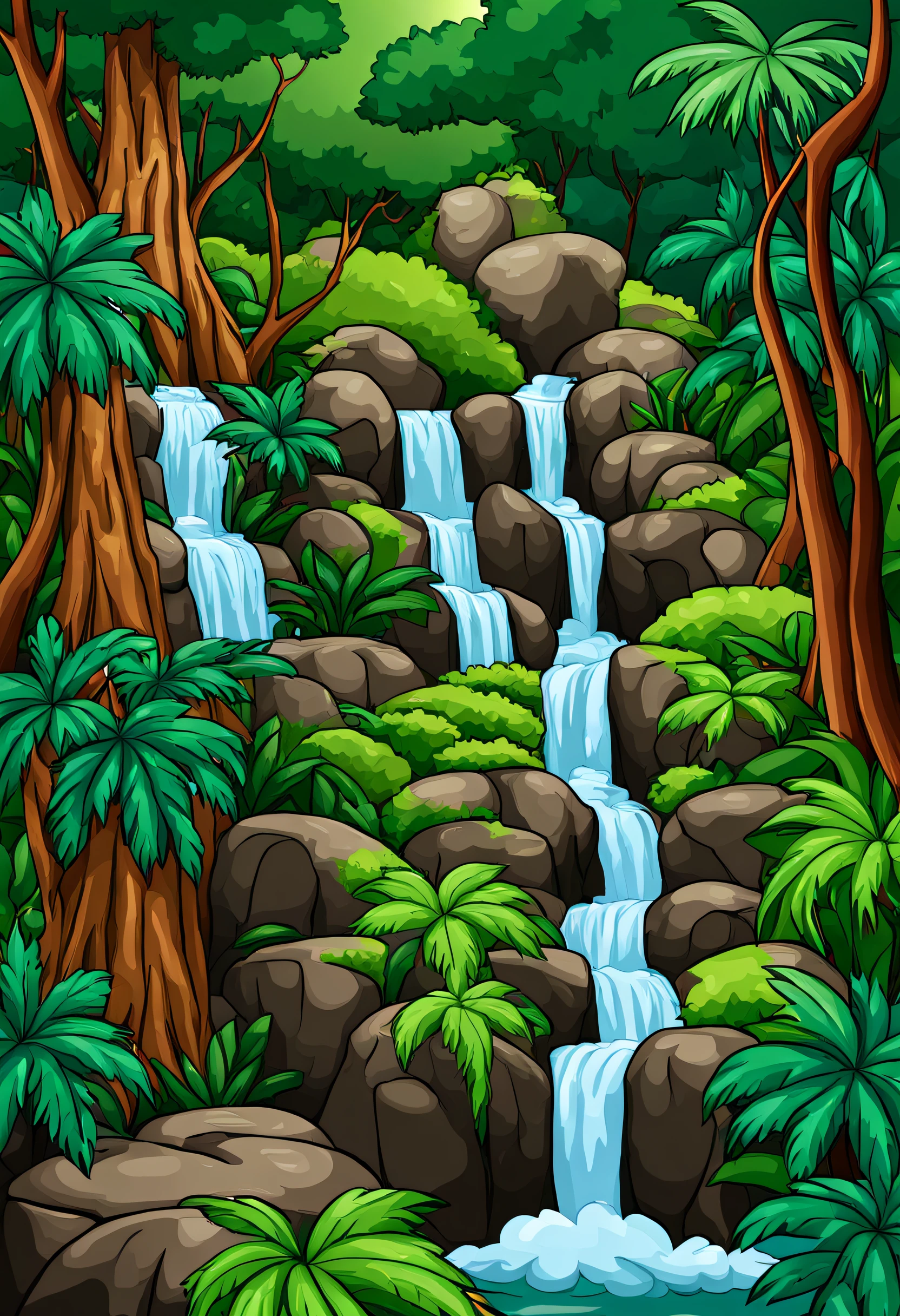 Illustration of waterfalls in the jungle
