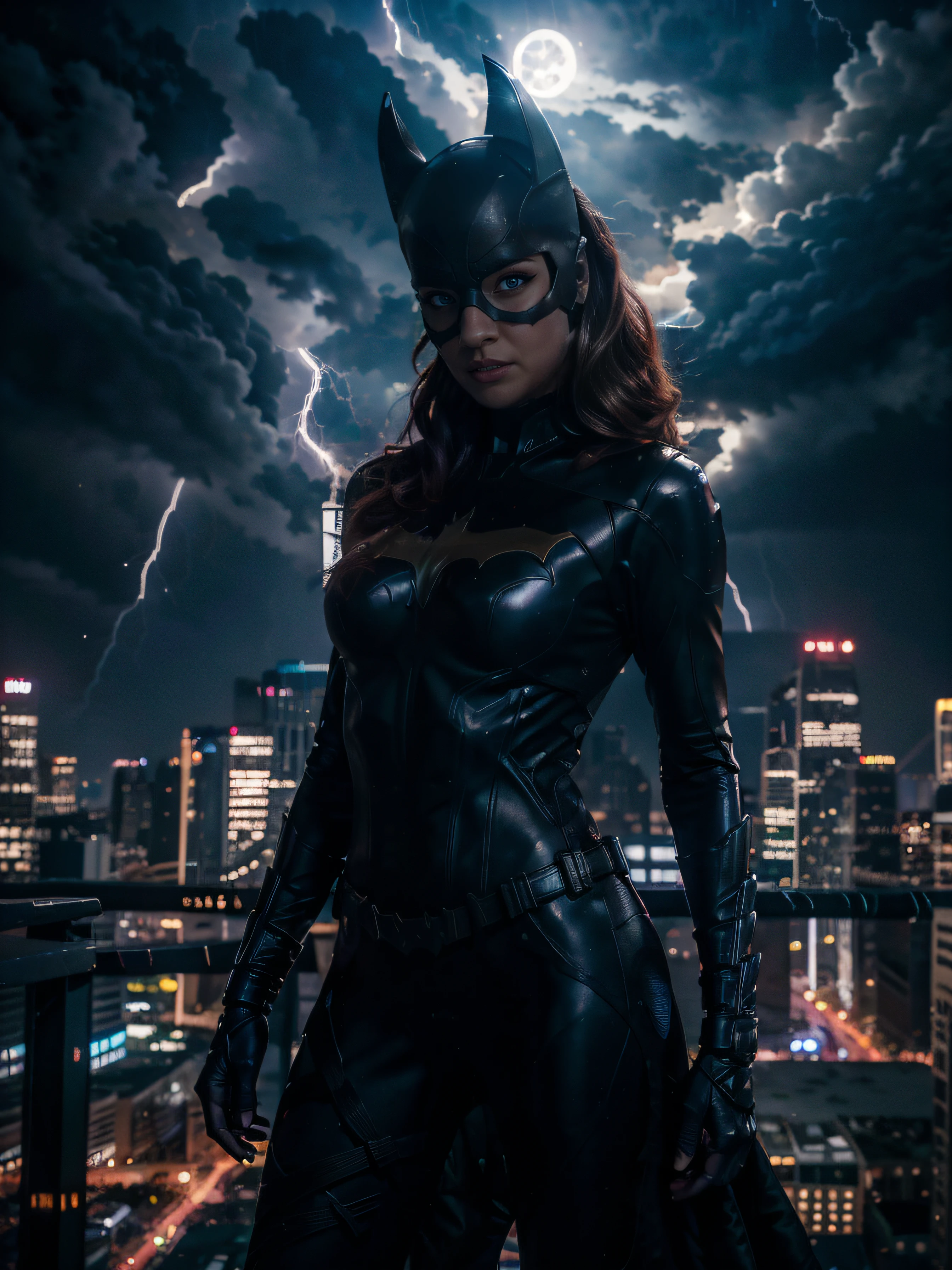 Batgirl, top of a building, superhero pose with cross arms. The scene is set at night, with a below view angle capturing the city skyline. The overall image quality is top-notch, with a sharp focus and captured in stunning 8k high definition. To add a unique perspective, the fisheye lens is utilized, providing a dynamic and immersive feel. Batgirl's eyes are a captivating grey, shining with intensity. The cityscape is illuminated by a full moon, casting a soft glow over the surroundings, ((thunder))