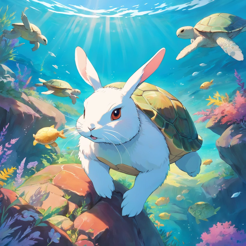 Beautiful rabbit,anthropomorphic turtle,Warriors,Fantastical colors,Natural,Stand on the sea with your hands crossed