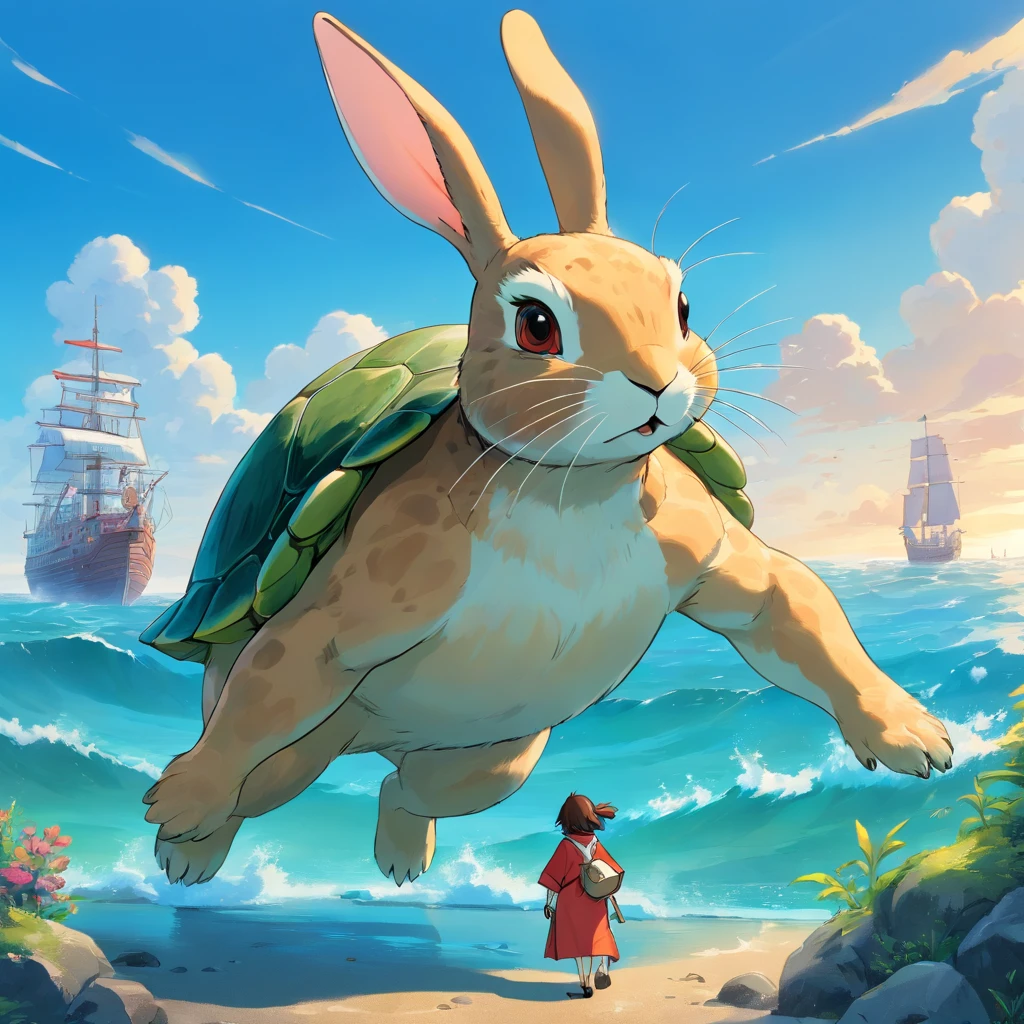 Beautiful rabbit，anthropomorphic turtle，Warriors，Fantastical colors，Natural，Stand on the sea with your hands crossed