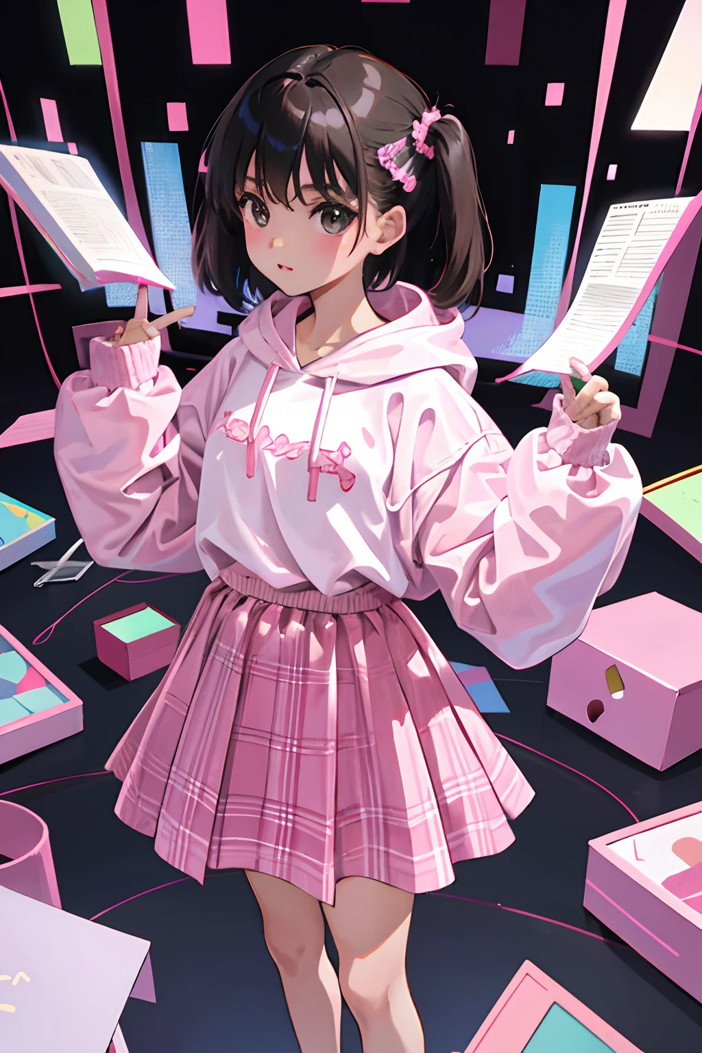 ，（​masterpiece，Highest Quality），Light pink sheer hoodie，plaid skirts，A dark-haired