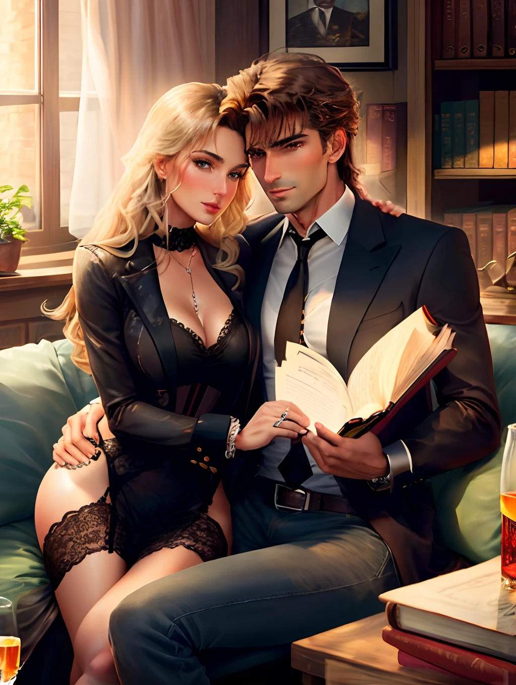 Create Trashy Romance Novel Cover with Fabio, Book Title Dark Rye, book Author Basil Hayden