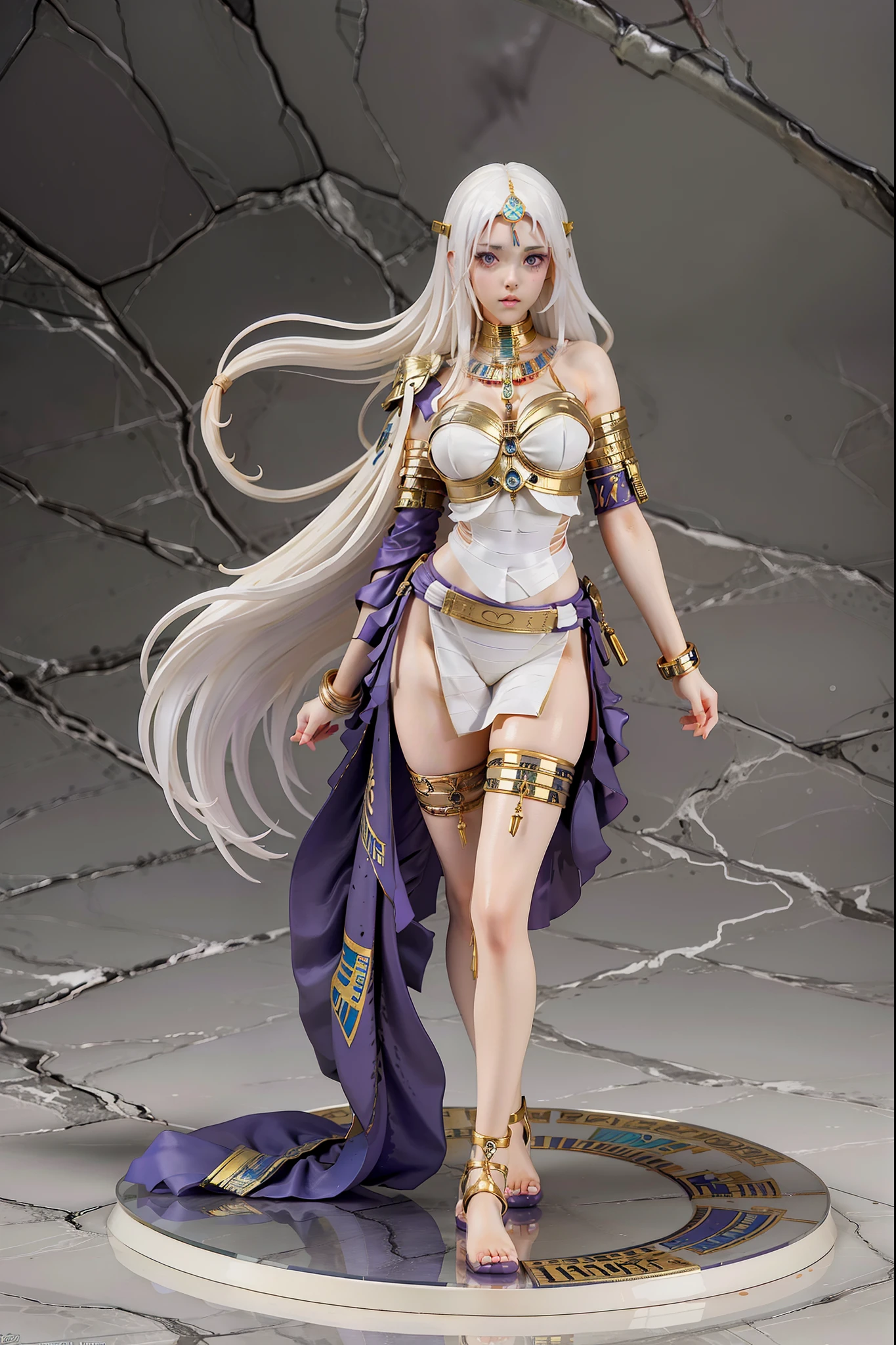 (masterpiece, best quality, 8k), A AmiAmi high detailed figure of a woman wearing a mummy costume, fully covered, amiami figure, anime pvc figure, stand on a crypt, Face and body bandaged, ((egyptian mummy)), (long banged white hair), purple eyes, gorgeous, egypt themed art, egyptian atmosphere, guweiz masterpiece, cgsociety 9, smooth anime cg art, mummy, guweiz on artstation pixiv