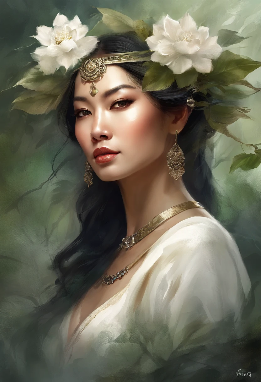 White face and white head，Asian women have leaves,holding a mic，Singing， beautiful fantasy portrait, beautiful fantasy art portrait, Beautiful surreal portrait, fantasy portrait, fantasy art portrait, detailed matte fantasy portrait, portrait of a dark fantasy nymph, Asian goddess, Beautiful digital artwork, gorgeous digital art,Background dream black surreal beautiful young woman, Fantasy art Behance，Cinematic light and shadow，k hd