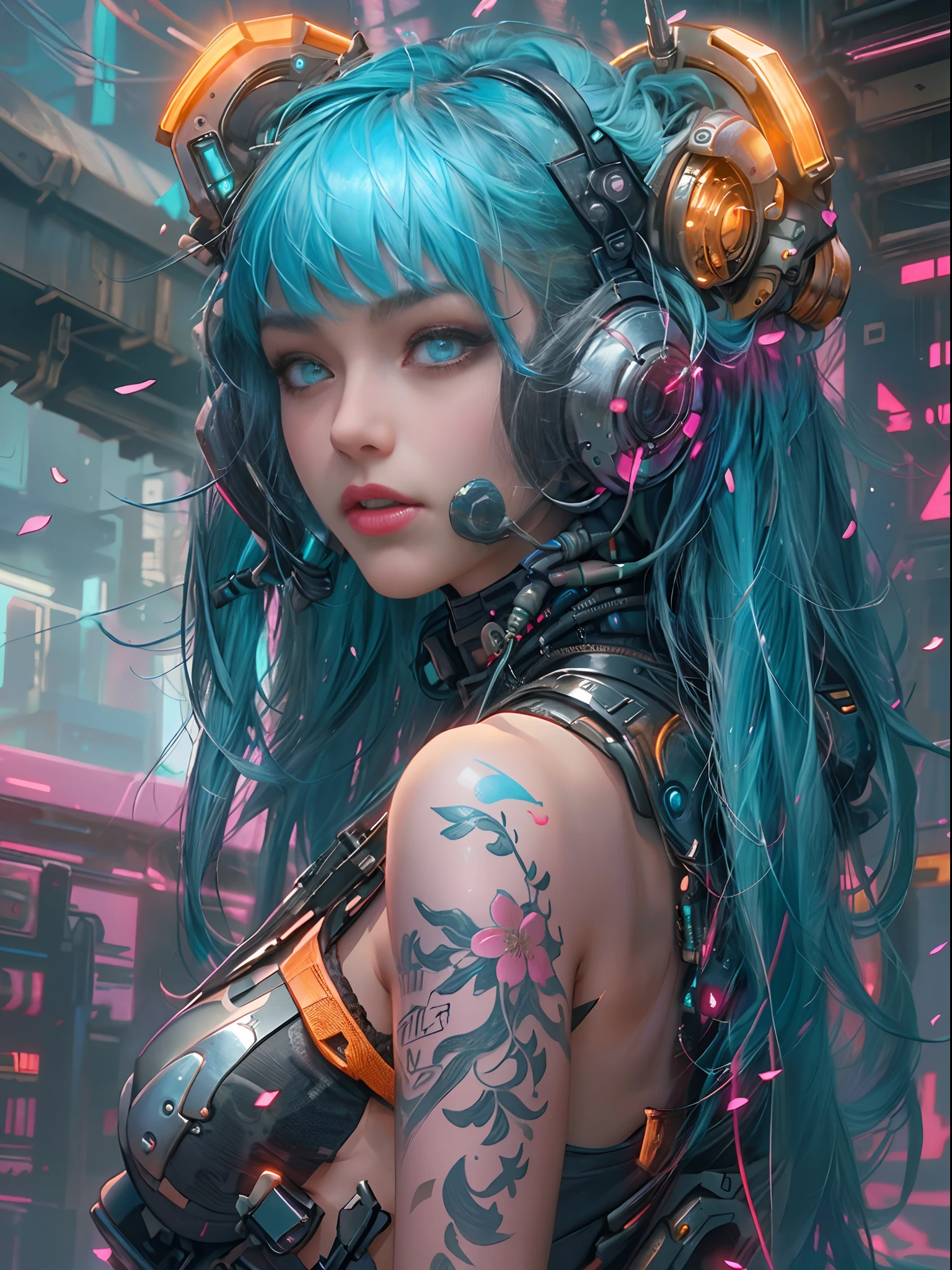 Creative and the greatest work of art of this century. In the center is an extremely beautiful woman (very long and beautiful blue and orange hair). There are hundreds of cameras in the background, and thousands of scenes flash across the footage like lanterns. Top quality, masterpiece, ultra-high resolution, media footage of a collection of all information ((nude sex, money, handsome men and women, business, AI, technology, philosophy, life)), ultra-realistic details, futuristic city, 16K, complex latest equipment, unparalleled information network,