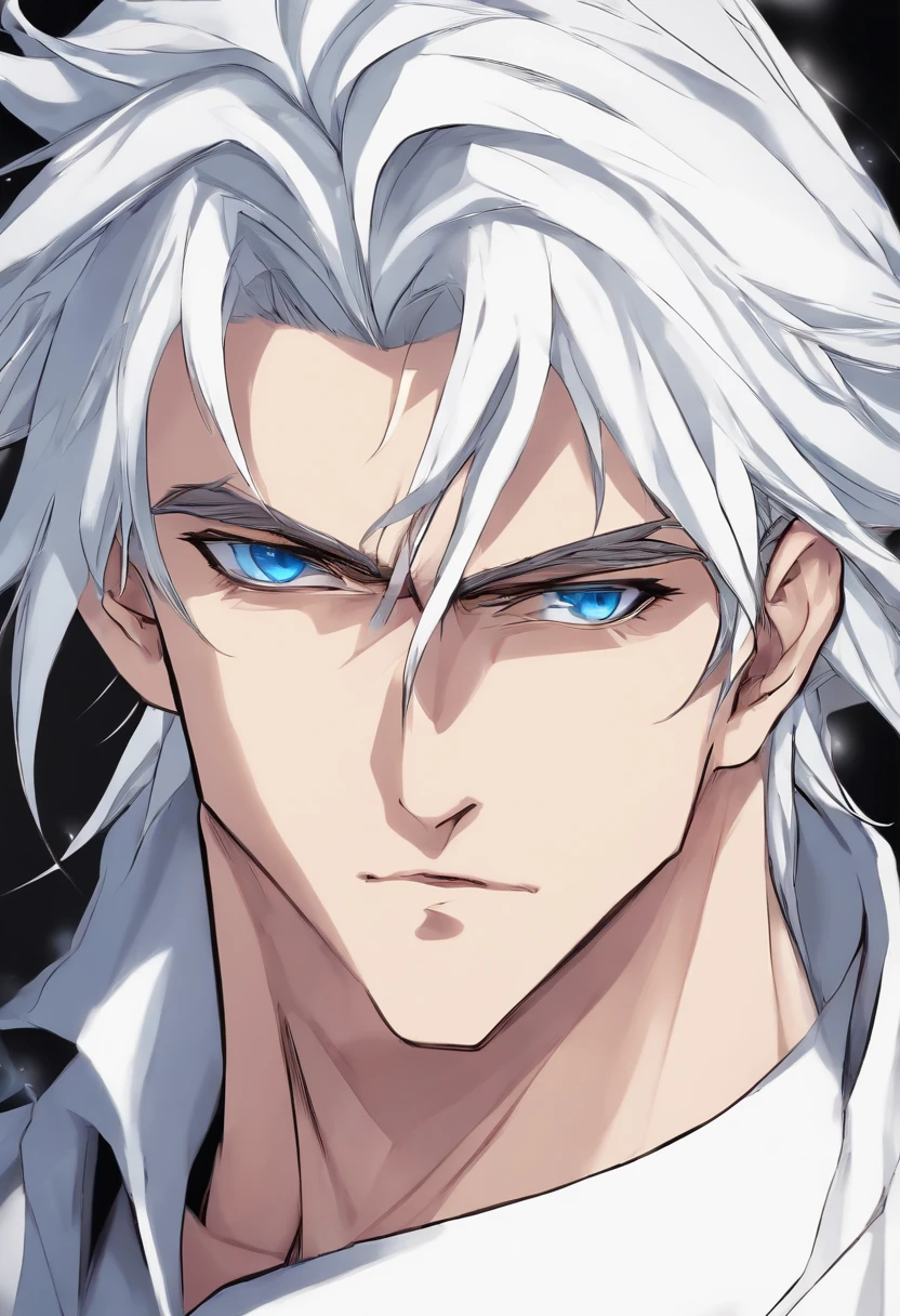 White-haired 30 year old anime man, slightly wavy hair, blue eyes, well built, earrings, angry expression