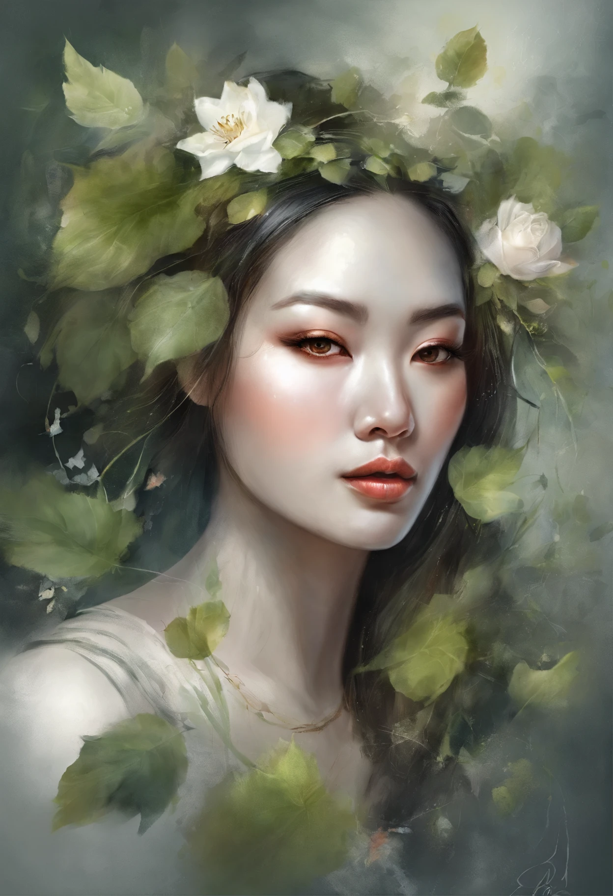 White face and white head,Asian women have leaves,holding a mic,Singing, beautiful fantasy portrait, beautiful fantasy art portrait, Beautiful surreal portrait, fantasy portrait, fantasy art portrait, detailed matte fantasy portrait, portrait of a dark fantasy nymph, Asian goddess, Beautiful digital artwork, gorgeous digital art,Background dream black surreal beautiful young woman, Fantasy art Behance,Cinematic light and shadow,k hd