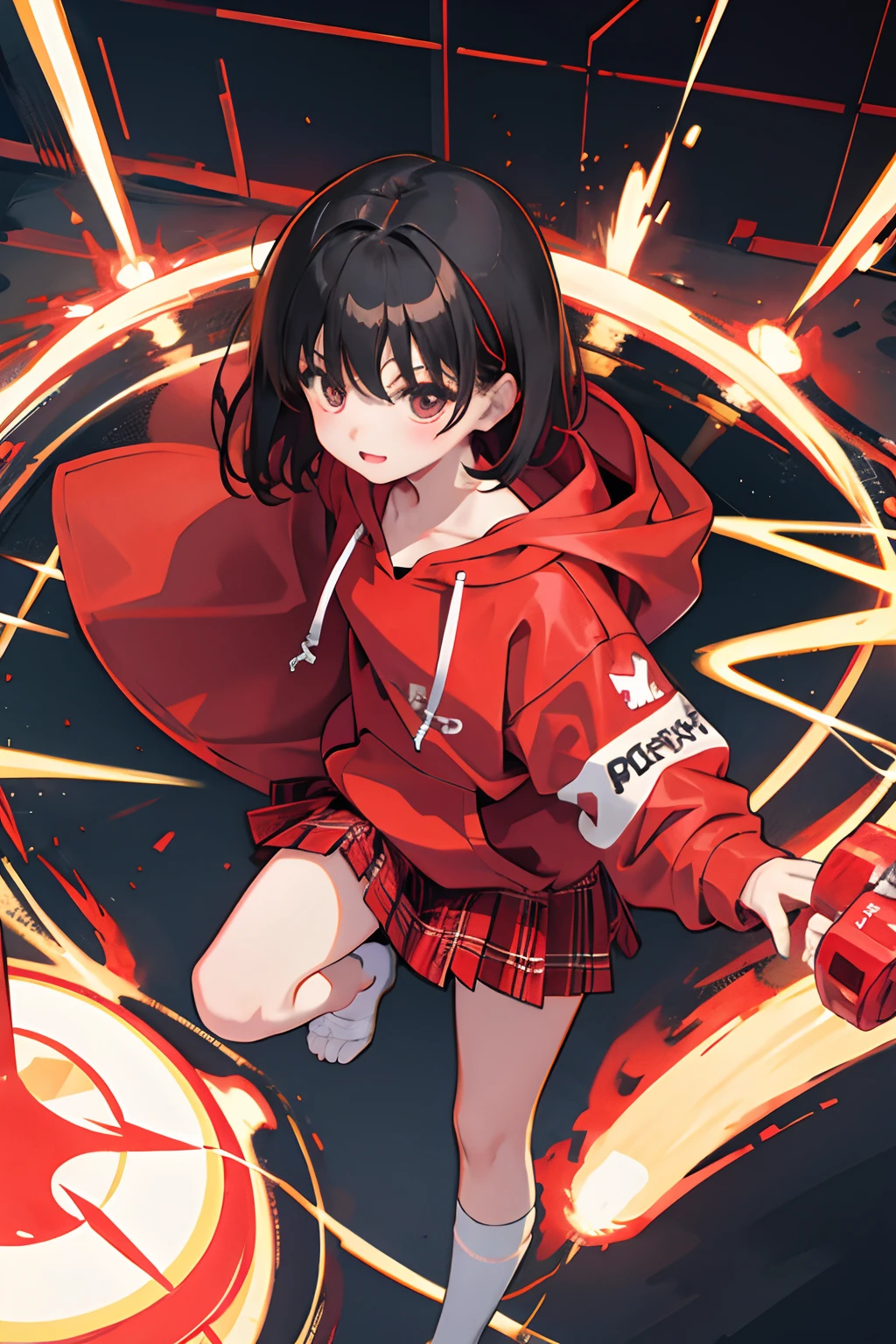 child，（​masterpiece，Highest Quality），Light red sheer hoodie，plaid skirts，A dark-haired