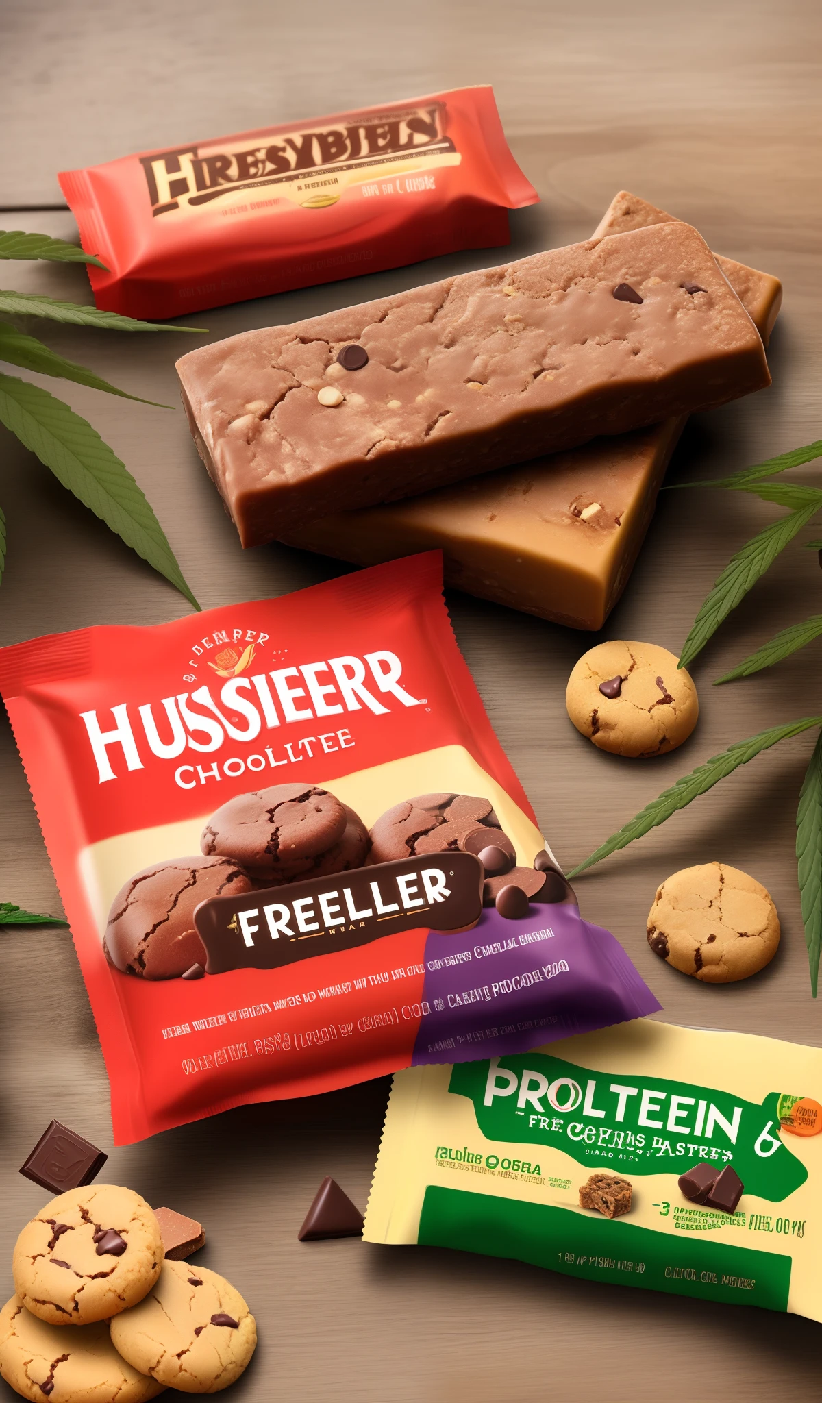 A realistic ad for 3 protein bars with the name The Husslers flavored chocolate, fresa, and cookies, a marijuana plant in the back with physical health designs