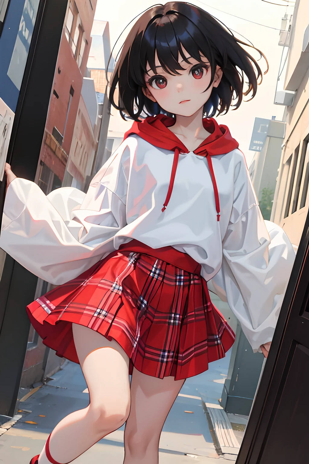 ,(masterpiece,Highest Quality),Light Red Sheer Hoodie,plaid skirts,Black hair with short sleeves