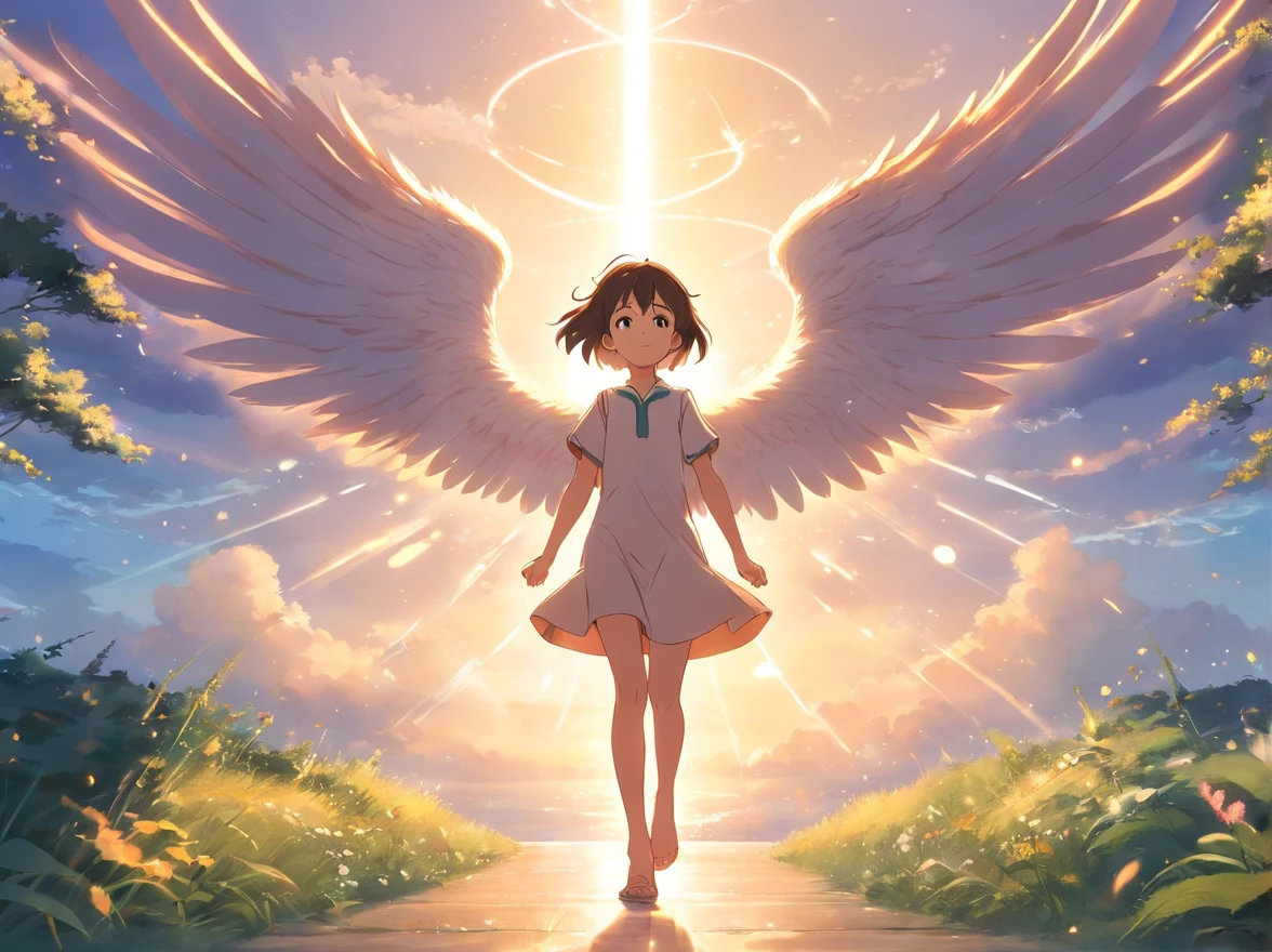 Retratar um renomado anjo arcanjo vestido com roupas brancas, 8k cinematic, realista e de corpo inteiro, who came down to earth. Create a guardian angel assigned to protect a special child. Este anjo masculino tem cabelo escuro humano ;, Radiant eyes and the ability to create small miracles for the safe child. Adicionalmente, He has a connection to an adult angel with a deep connection to the child and guides him throughout his life.